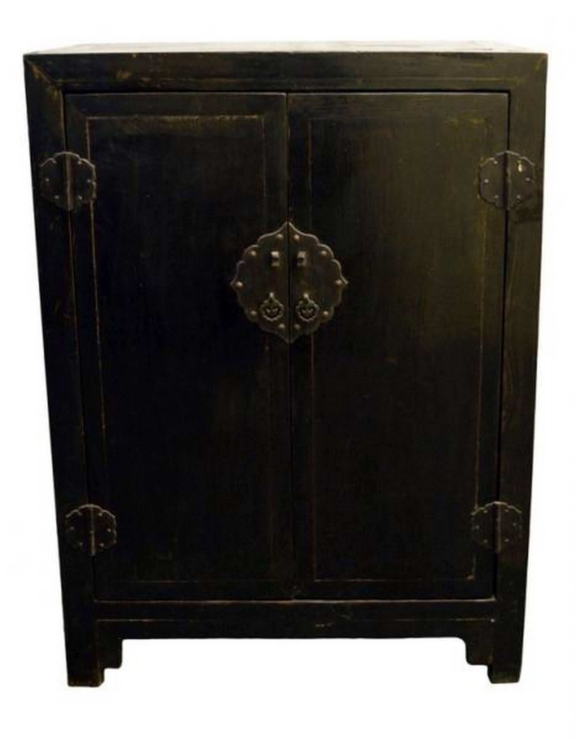 Lacquered Antique Black Lacquer Side Cabinet with Brass Hardware from 19th Century China