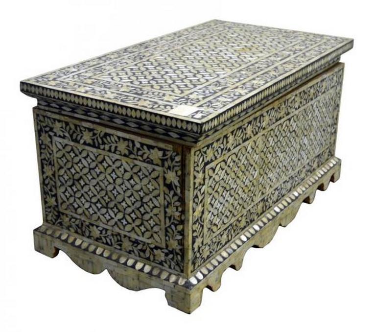 Antique Indian Ornate Trunk Chest With Mother Of Pearl Inlay At