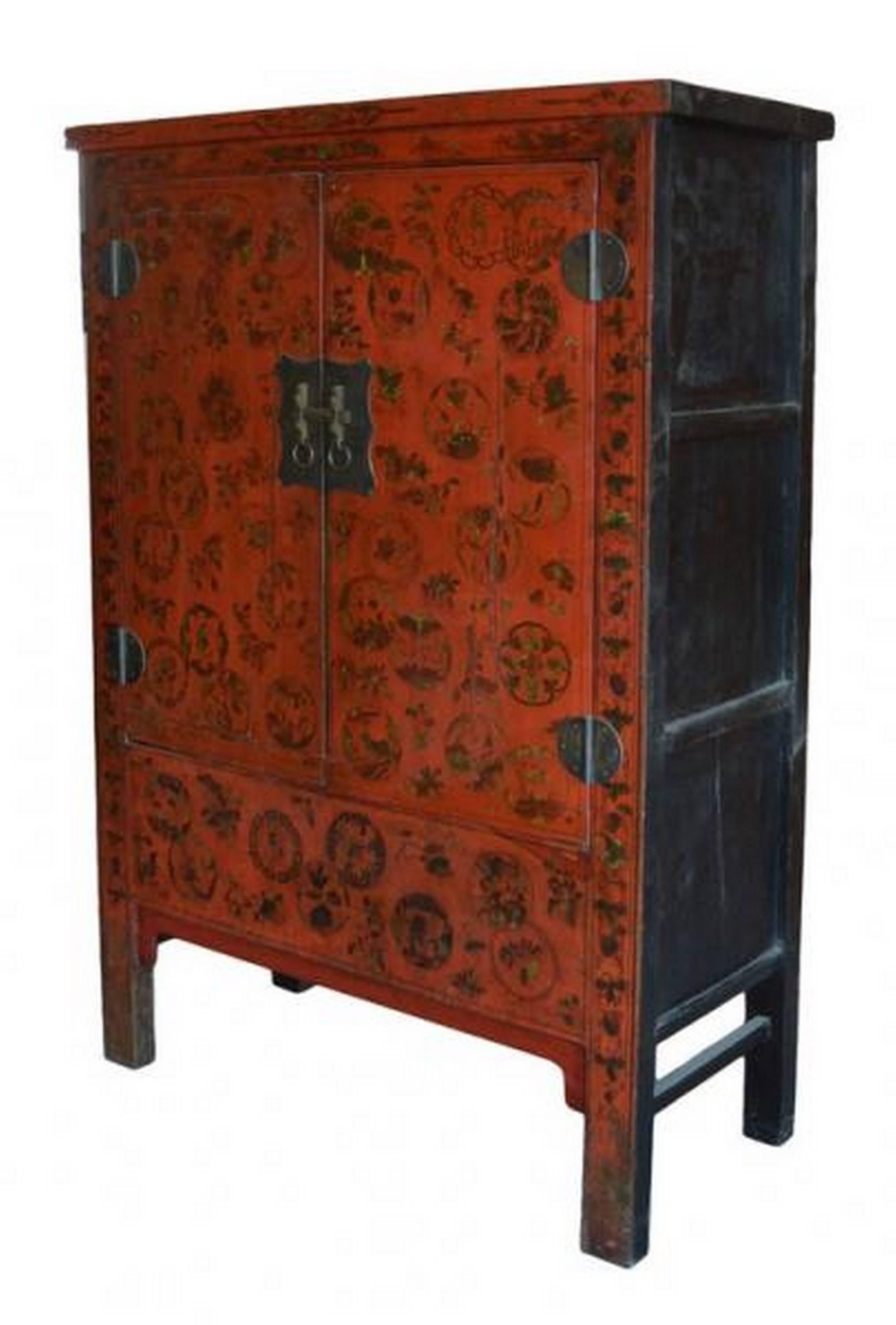 Antique Chinese Chinoiserie Red Lacquer Cabinet or Armoire In Good Condition In Yonkers, NY