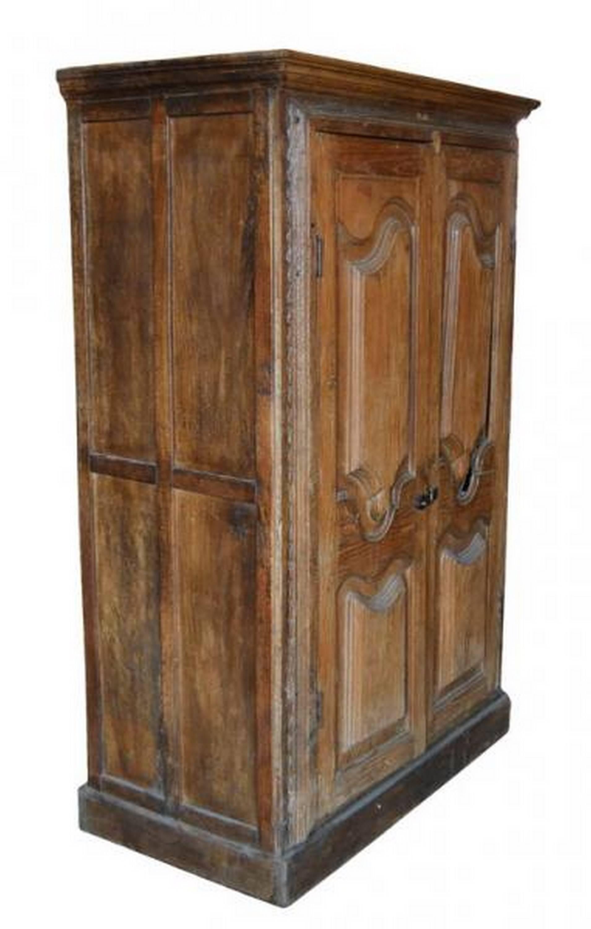 A 19th century tall rustic cabinet with carved doors made in India. This tall cabinet features two doors surmounted by a cornice while the piece itself sits on a large plinth.  The doors display carved, curved patterns and open thanks to metal hasp