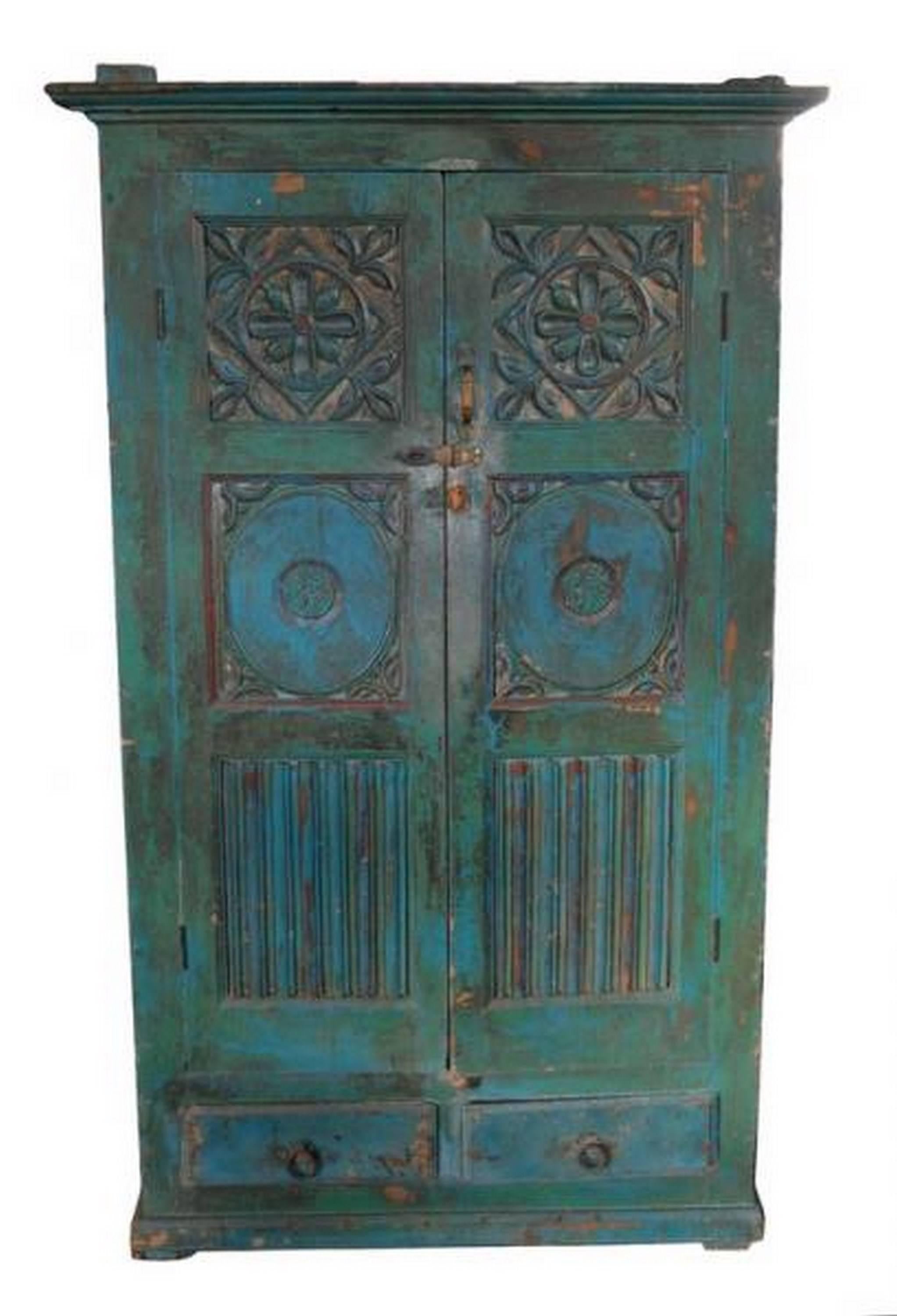 Vintage Goan Indian Painted Cabinet with Traditional Hand-Carved Floral Motifs In Good Condition In Yonkers, NY