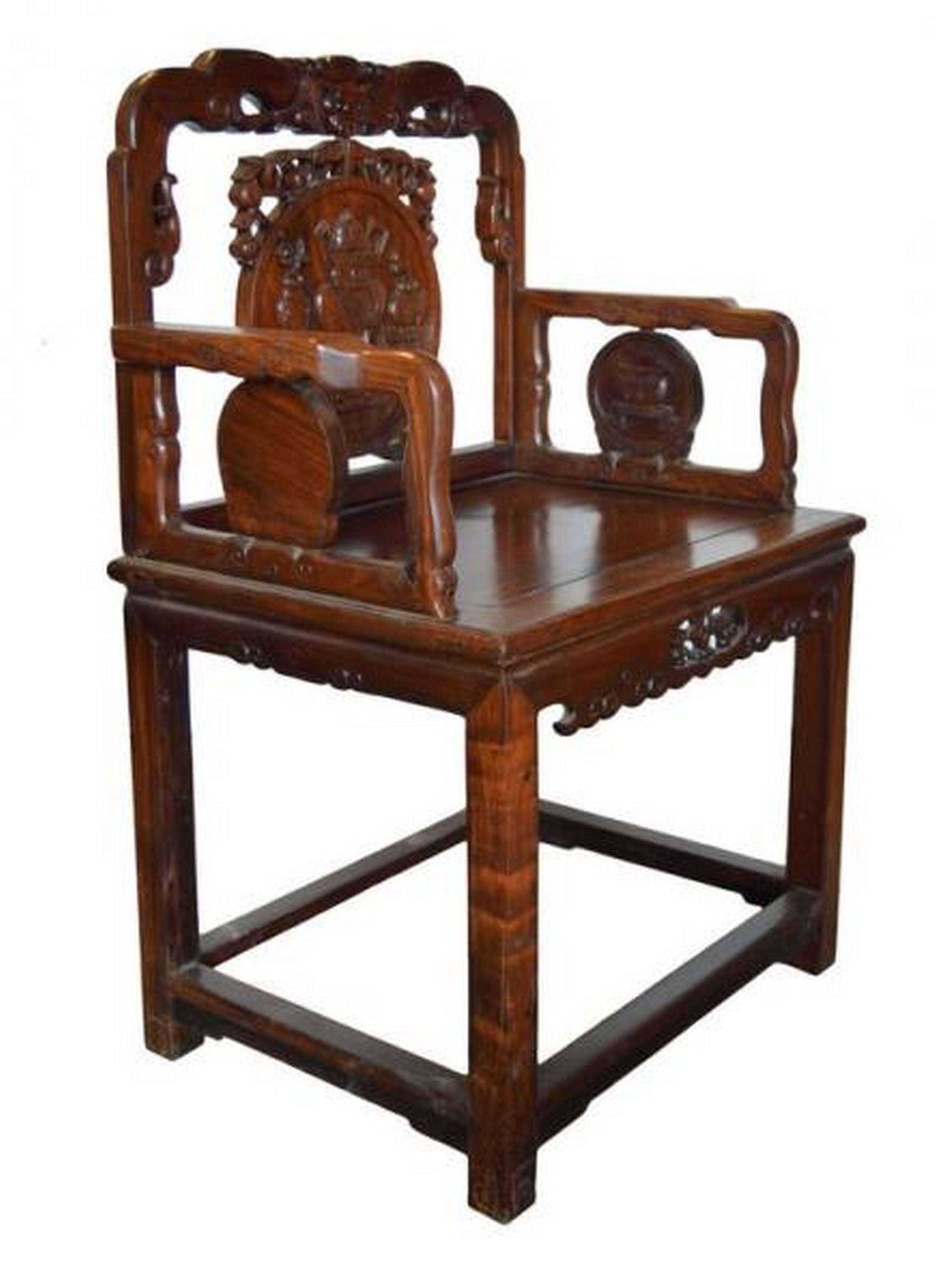 Unusual antique Chinese chair, dark brown lacquer, hand-carved traditional oriental motifs.
