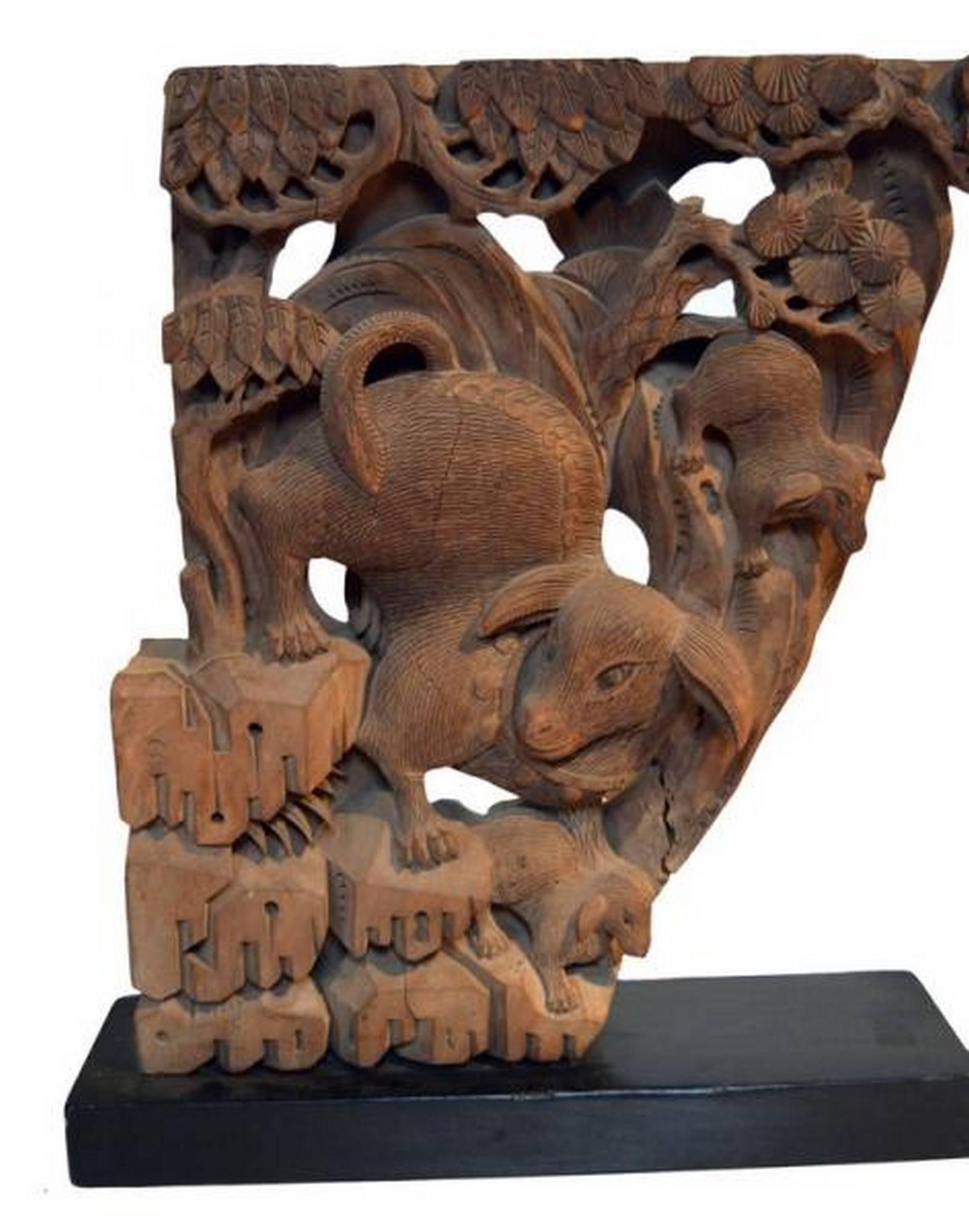 Chinese Pair of Antique Hand-Carved Wood Temple Corbels from 18th Century, China For Sale