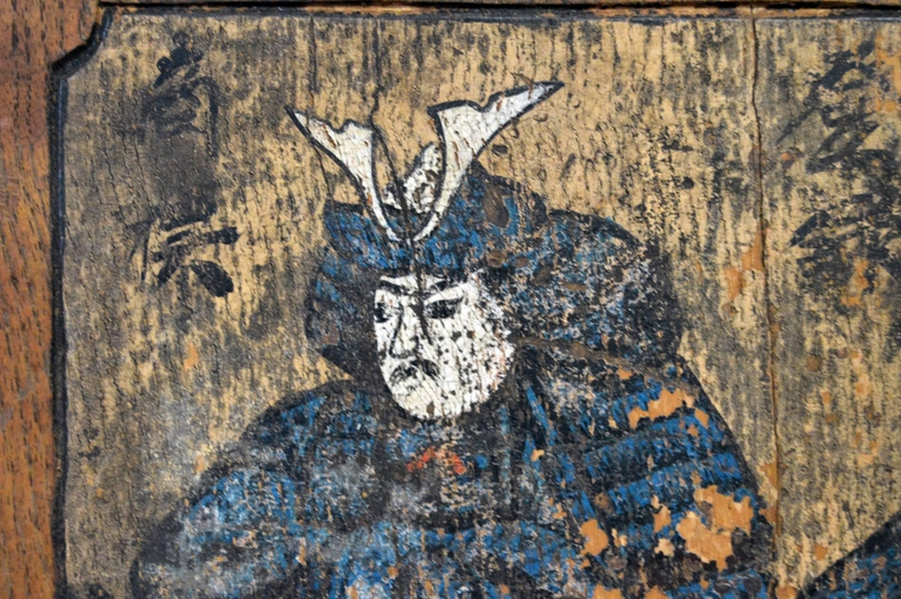 Hand-Carved Antique Japanese Meiji Period Painted Wood Sign with a Samurai, 19th Century For Sale