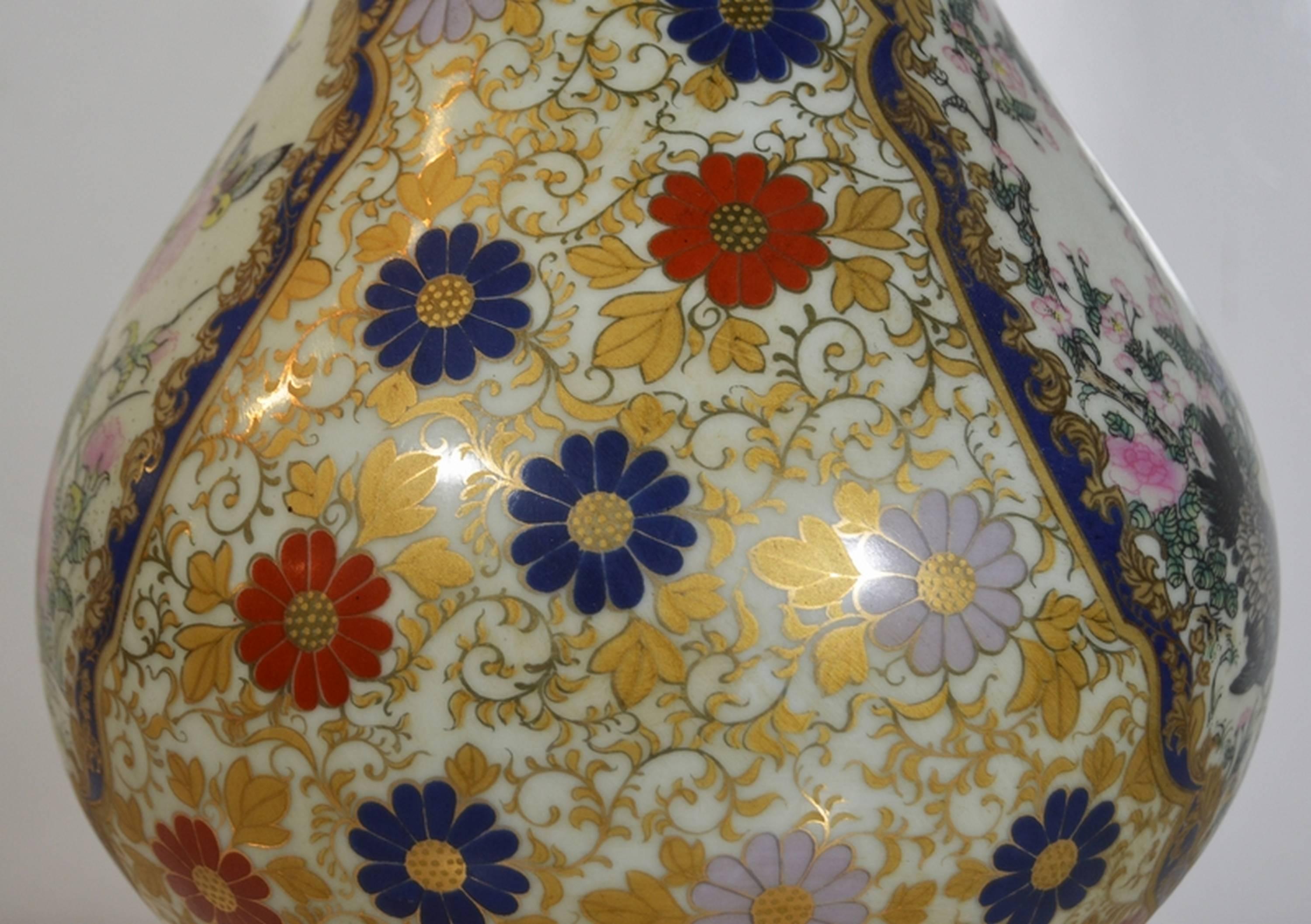 20th Century Vintage Hand-Painted Porcelain Lamp with Various Motifs from China, 1970s For Sale