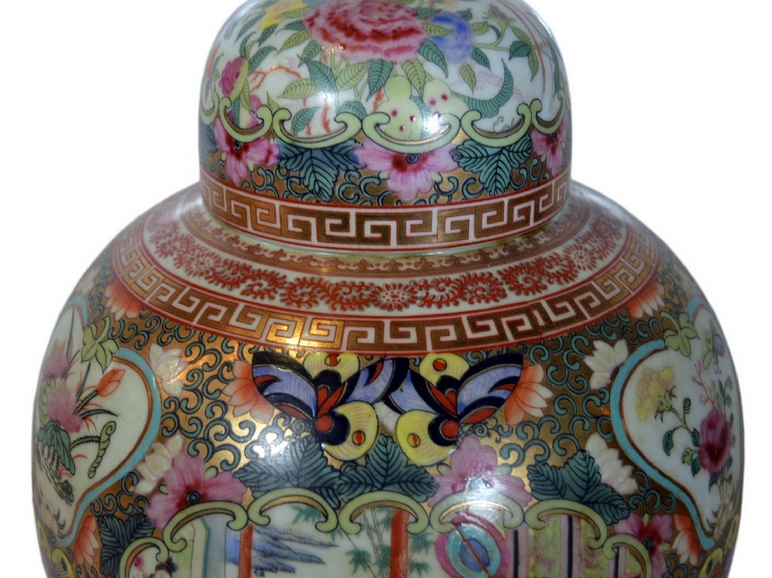 Vintage Hand-Painted Porcelain Lamp with Chinoiserie from 1970s, China In Good Condition In Yonkers, NY