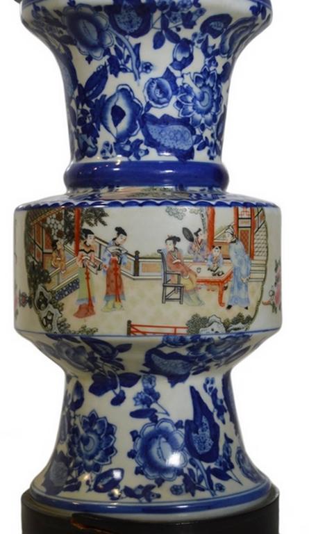 Vintage Chinese Hand Painted Porcelain Lamp With Characters From The Vintage Chinese Hand Painted Porcelain Lamp With Characters From The 1970s In Good Condition For