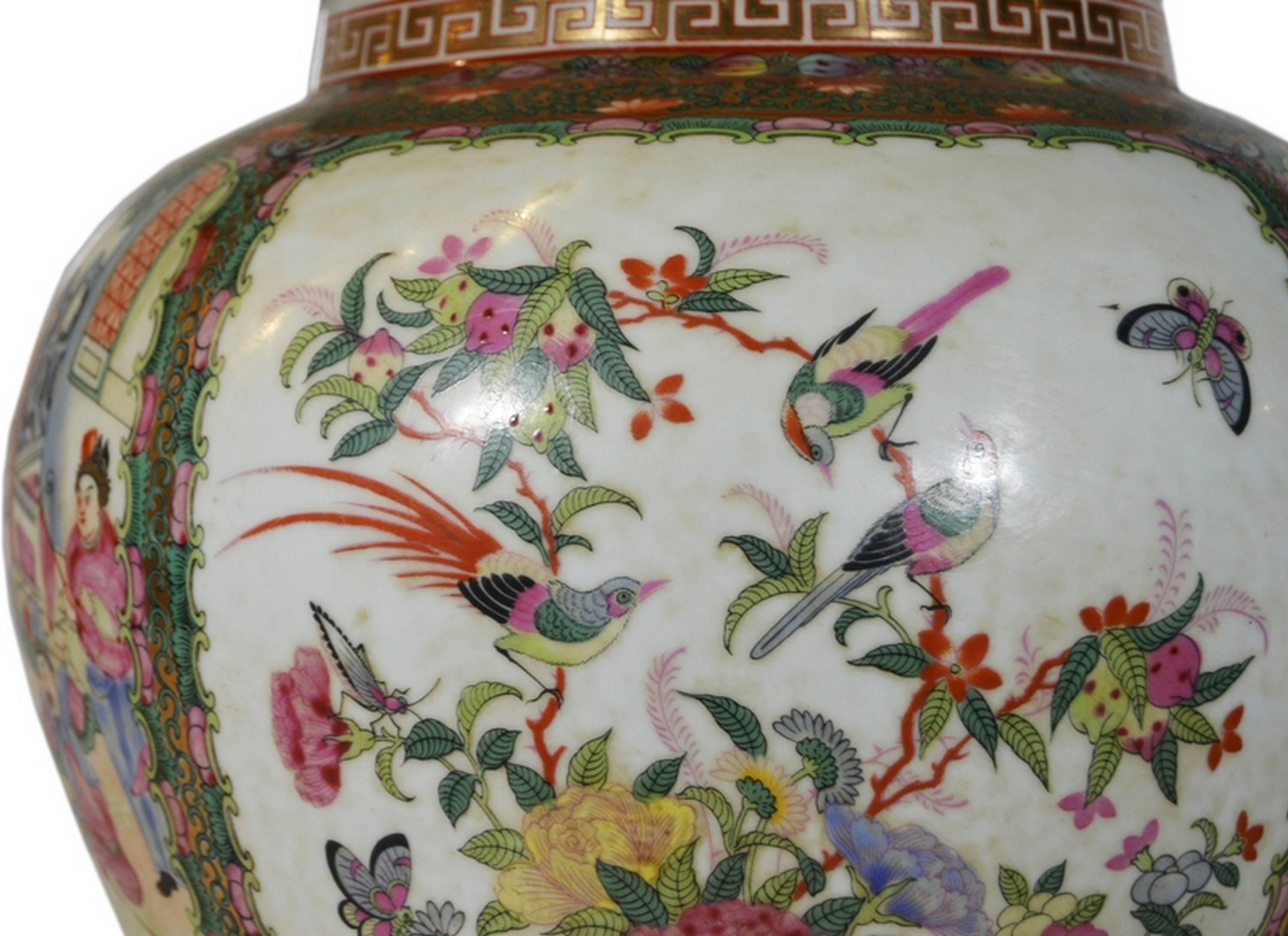 Vintage Porcelain Lamp with Hand-Painted Flowers and Birds from 1970s, China 1