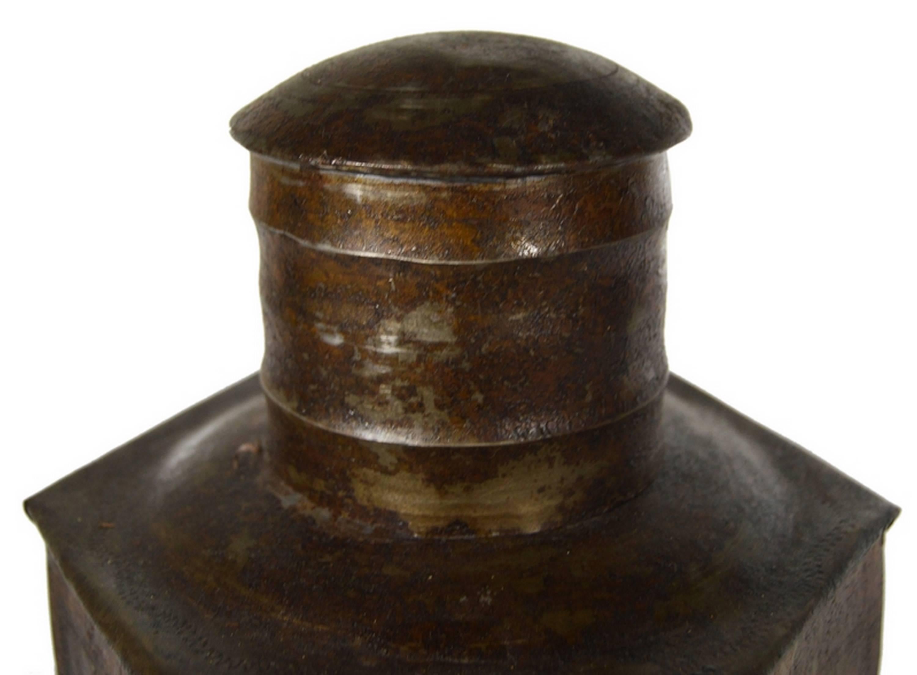 20th Century Vintage Indian Hand-Hammered Multi-Sided Tin Storage Canister from the 1930s For Sale