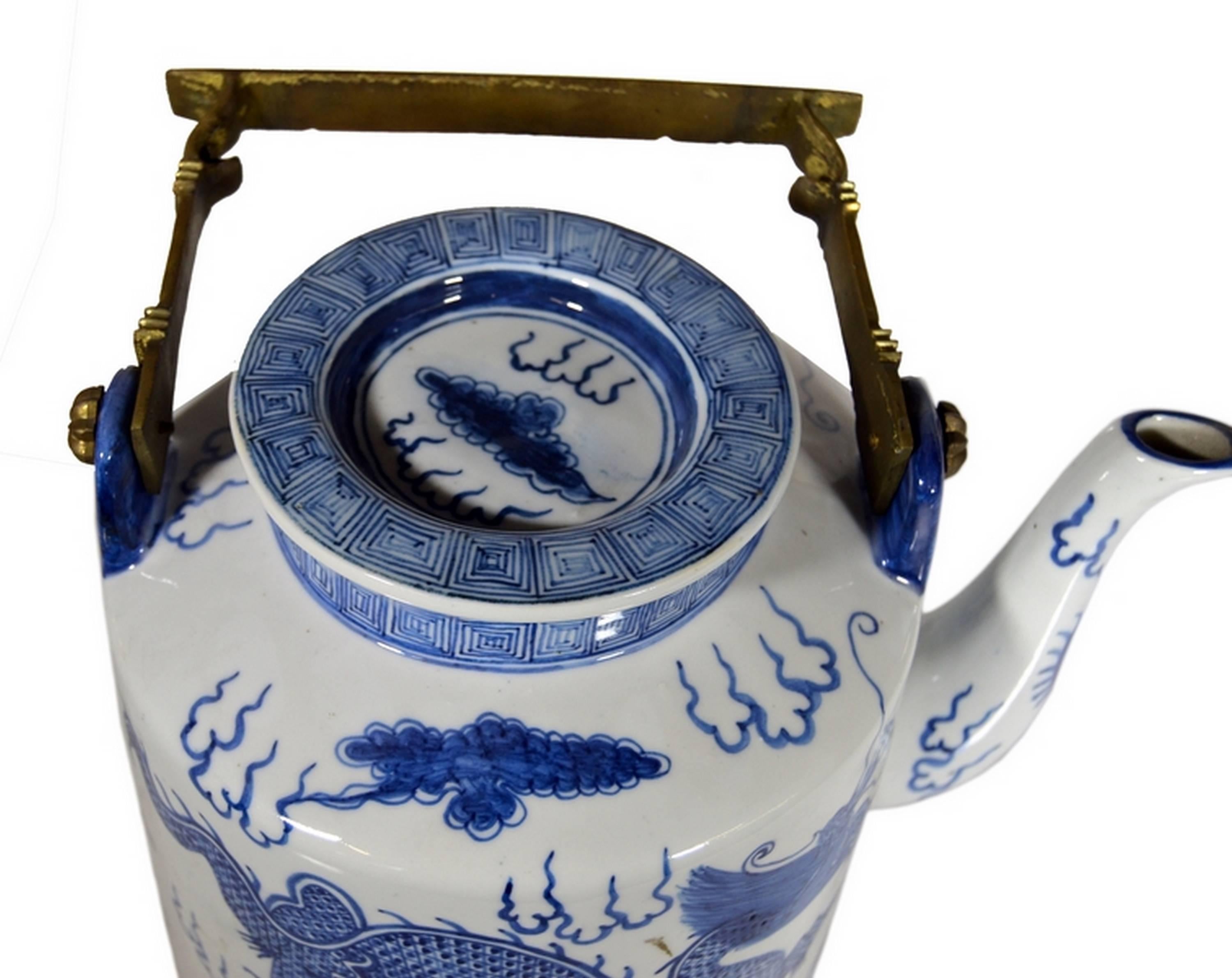 Hand-Painted  Vintage Hand Painted Blue and White Porcelain Teapot from China, circa 1930