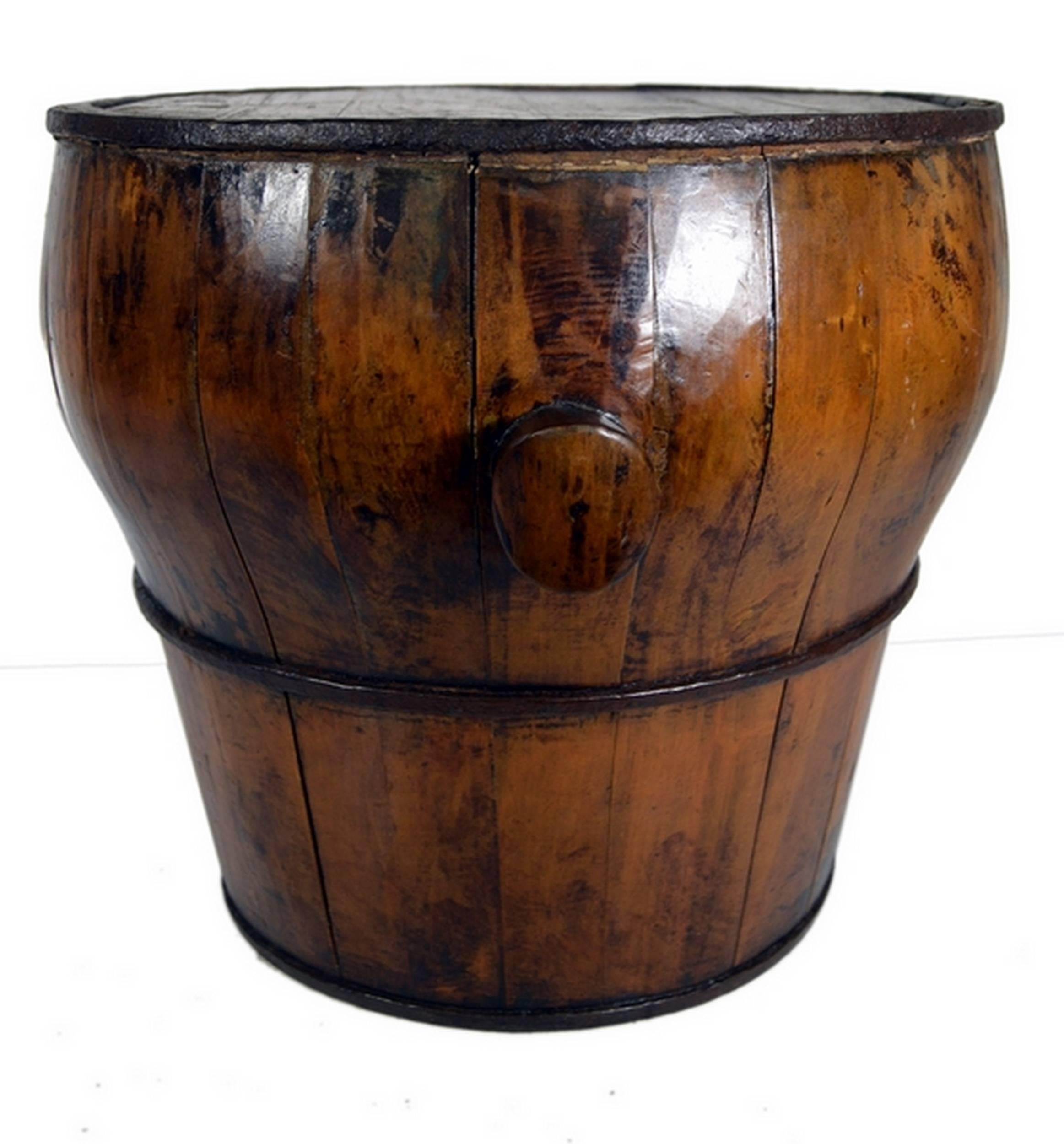 Chinese Antique Handmade Drum-Shaped Varnished Grain Basket from 19th Century, China