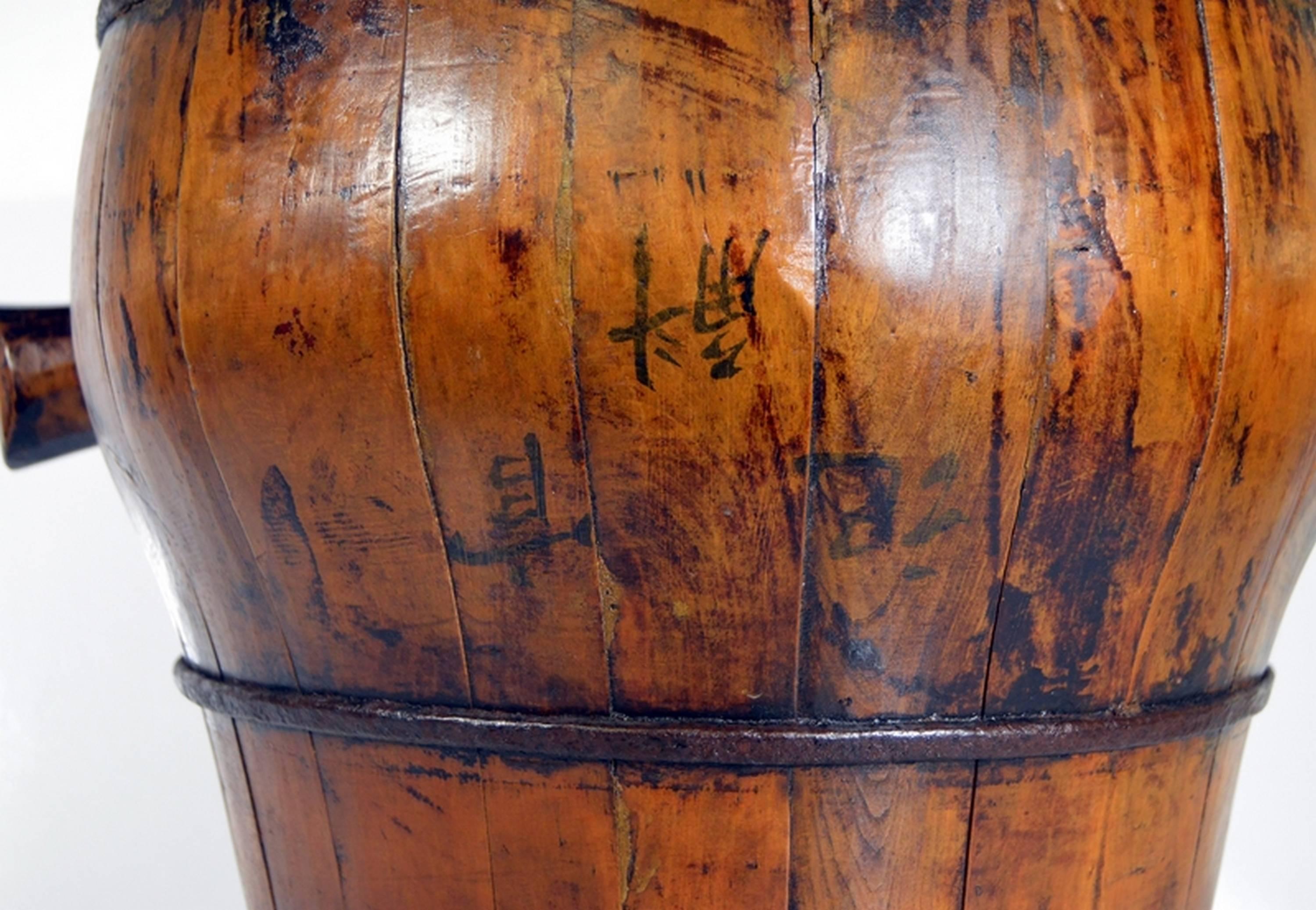 Wood Antique Handmade Drum-Shaped Varnished Grain Basket from 19th Century, China