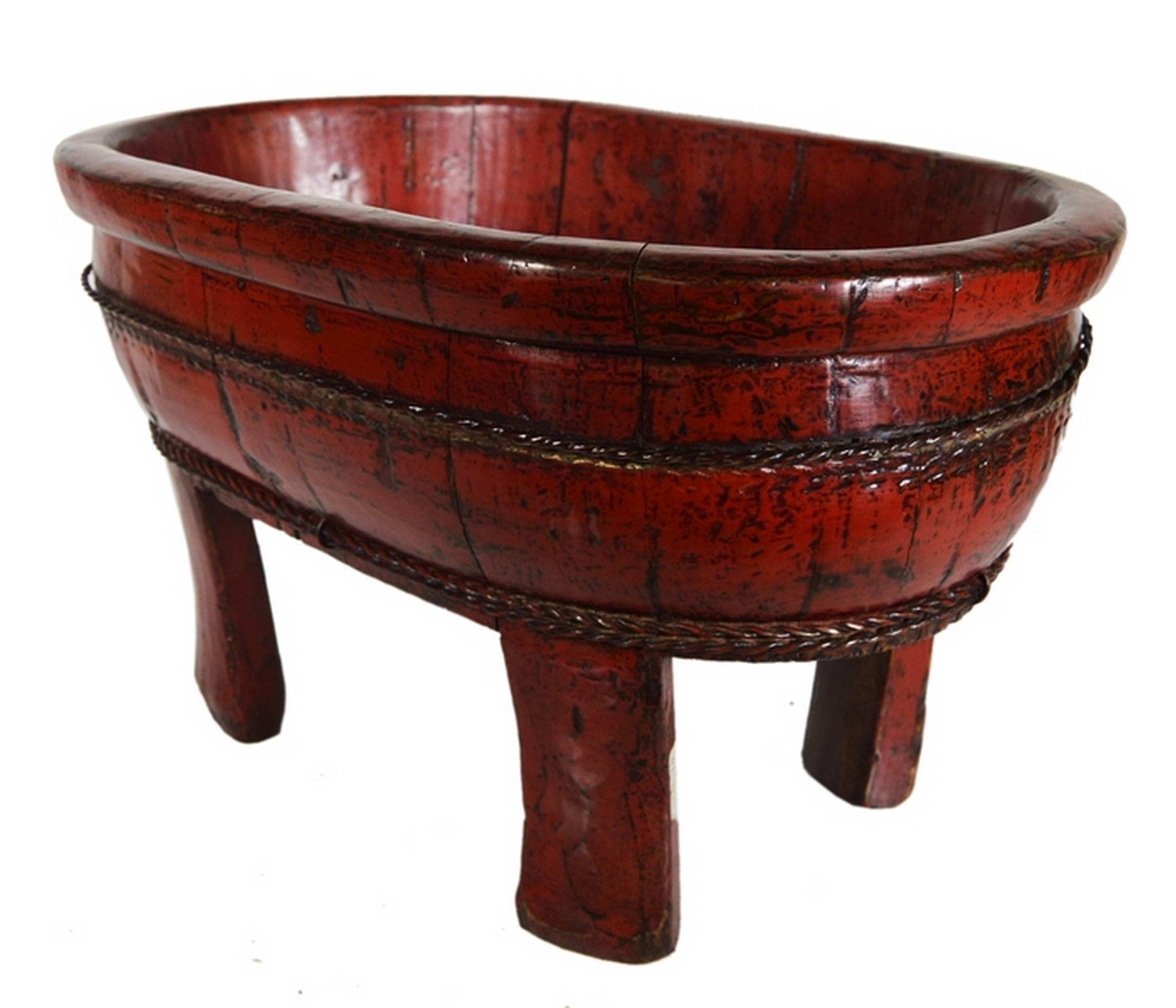 Carved Antique Chinese 19th Century Red Lacquered Wood Bowl with Legs and Cords