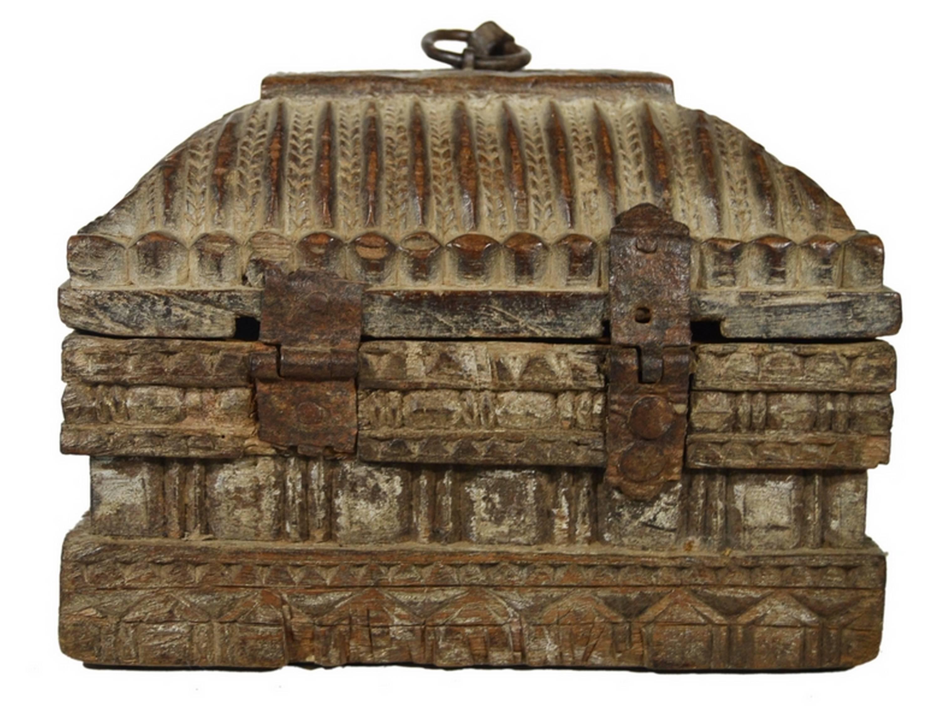 Hand-Carved Antique Indian Handmade Carved and Detailed Wooden Money Box, 19th Century