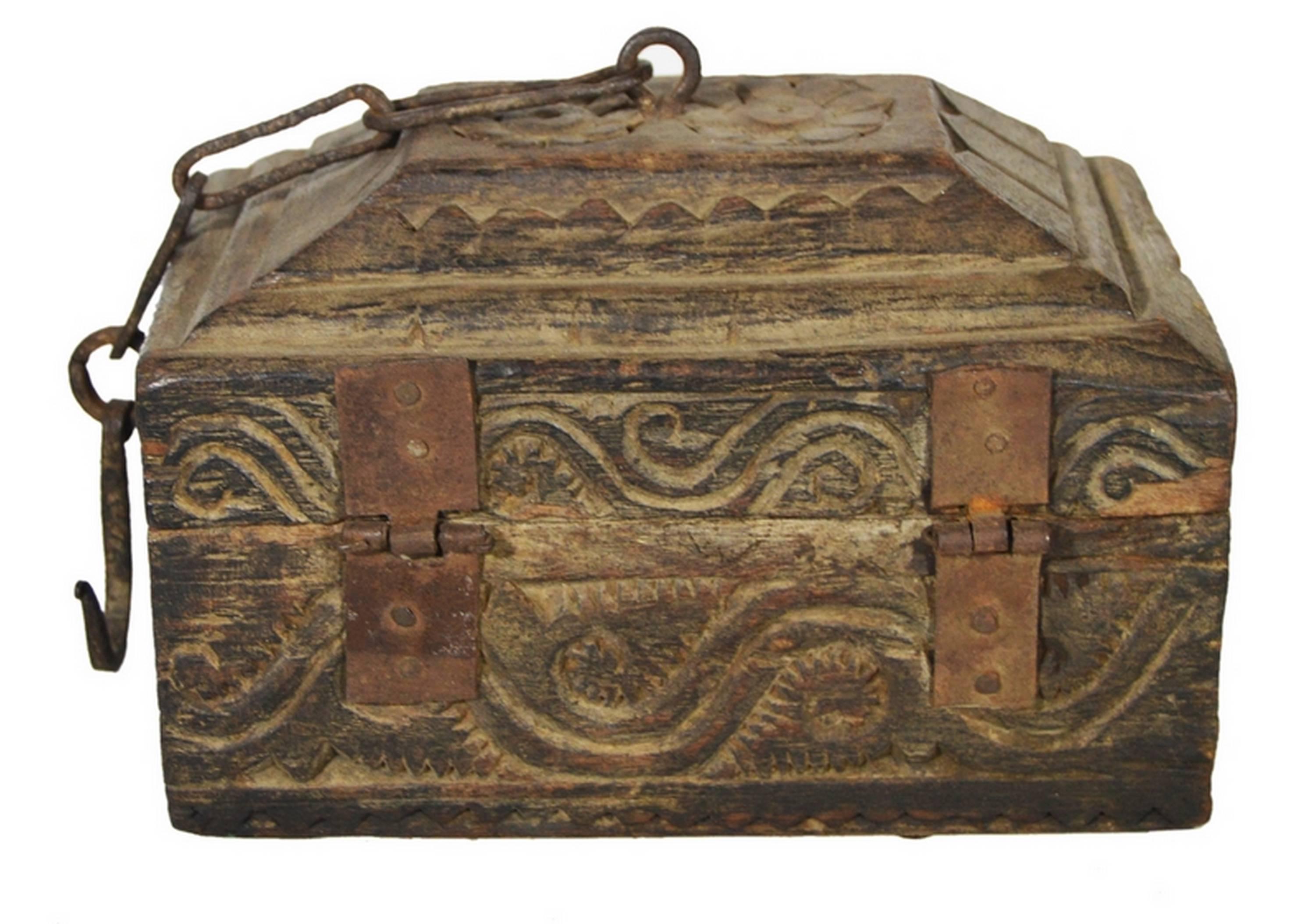 19th Century Hand-Carved Indian Carved Wood Money Box with Scrolls and Hardware In Good Condition In Yonkers, NY