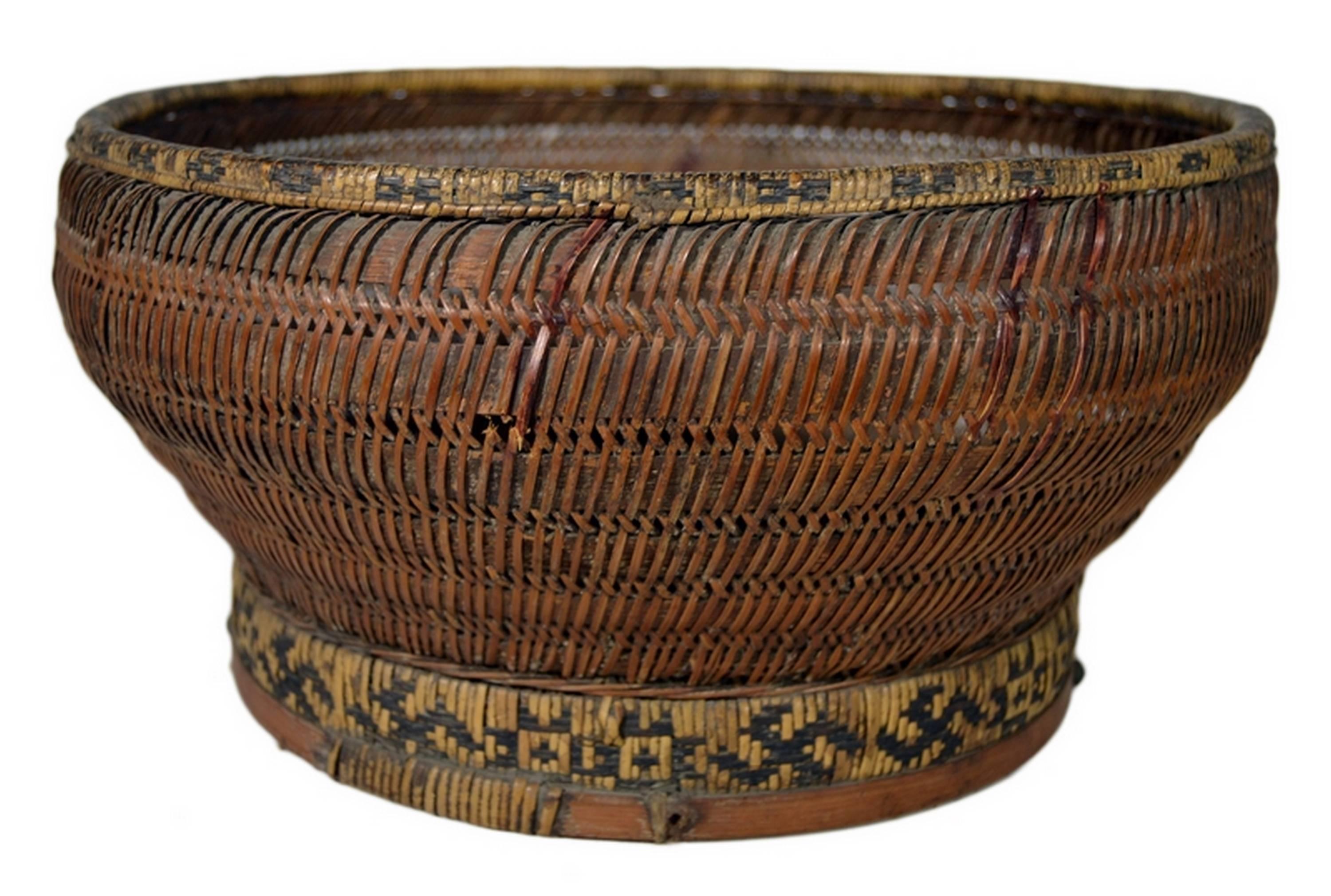 Hand-Crafted Antique Handwoven Cane and Bamboo Grain Basket from 19th Century, China