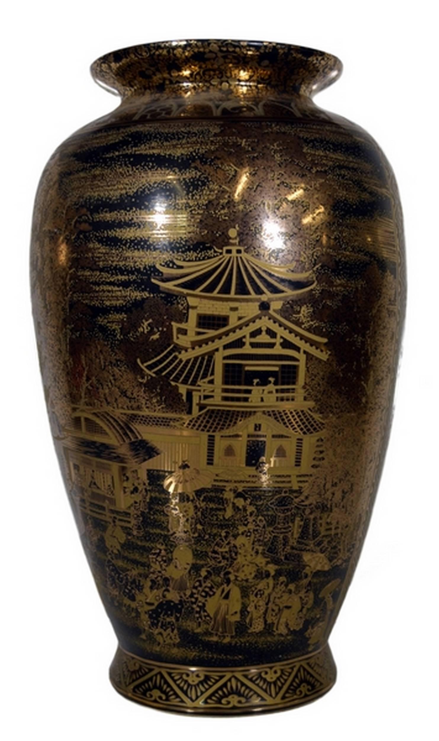 A Chinese hand-painted porcelain vase in black and gilt from the late 20th century with decorative scenes. This Chinese vase adopts a traditional shape displaying a tall oval belly with a circular base and a small flared neck. The porcelain