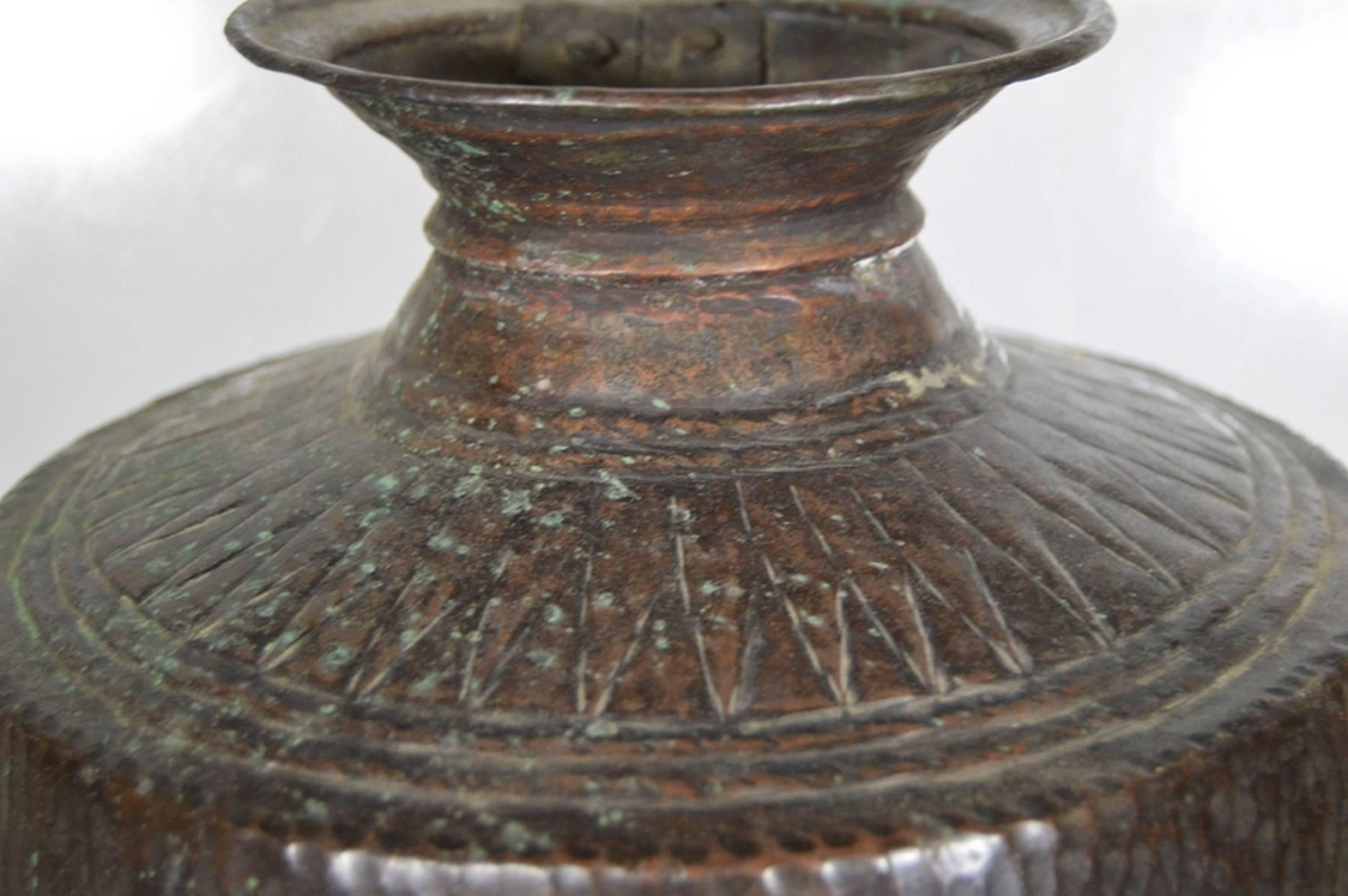 Vintage Indian Hand-Hammered Copper Jug with Carvings, Early 20th Century In Good Condition In Yonkers, NY