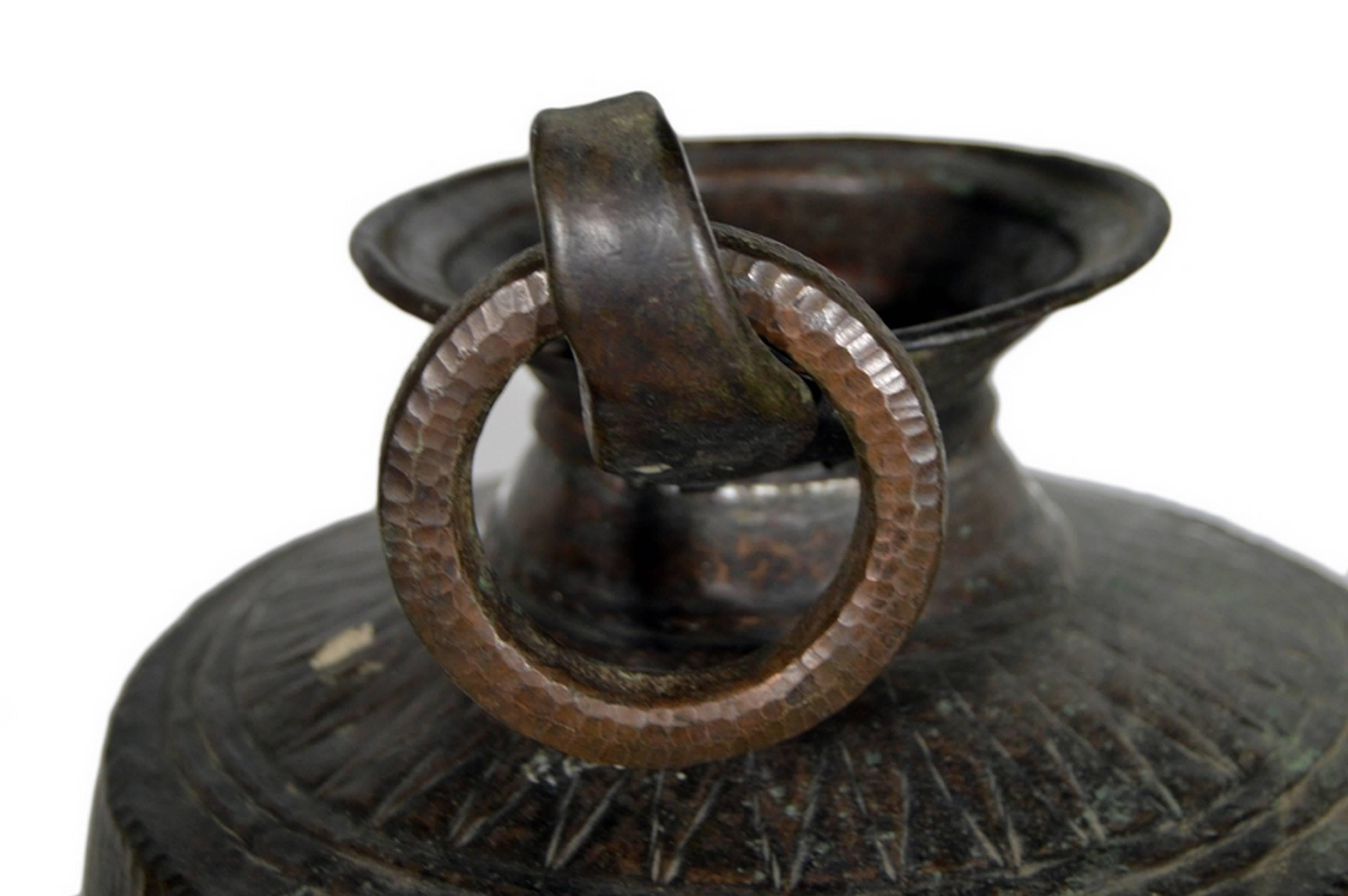 Vintage Indian Hand-Hammered Copper Jug with Carvings, Early 20th Century 1