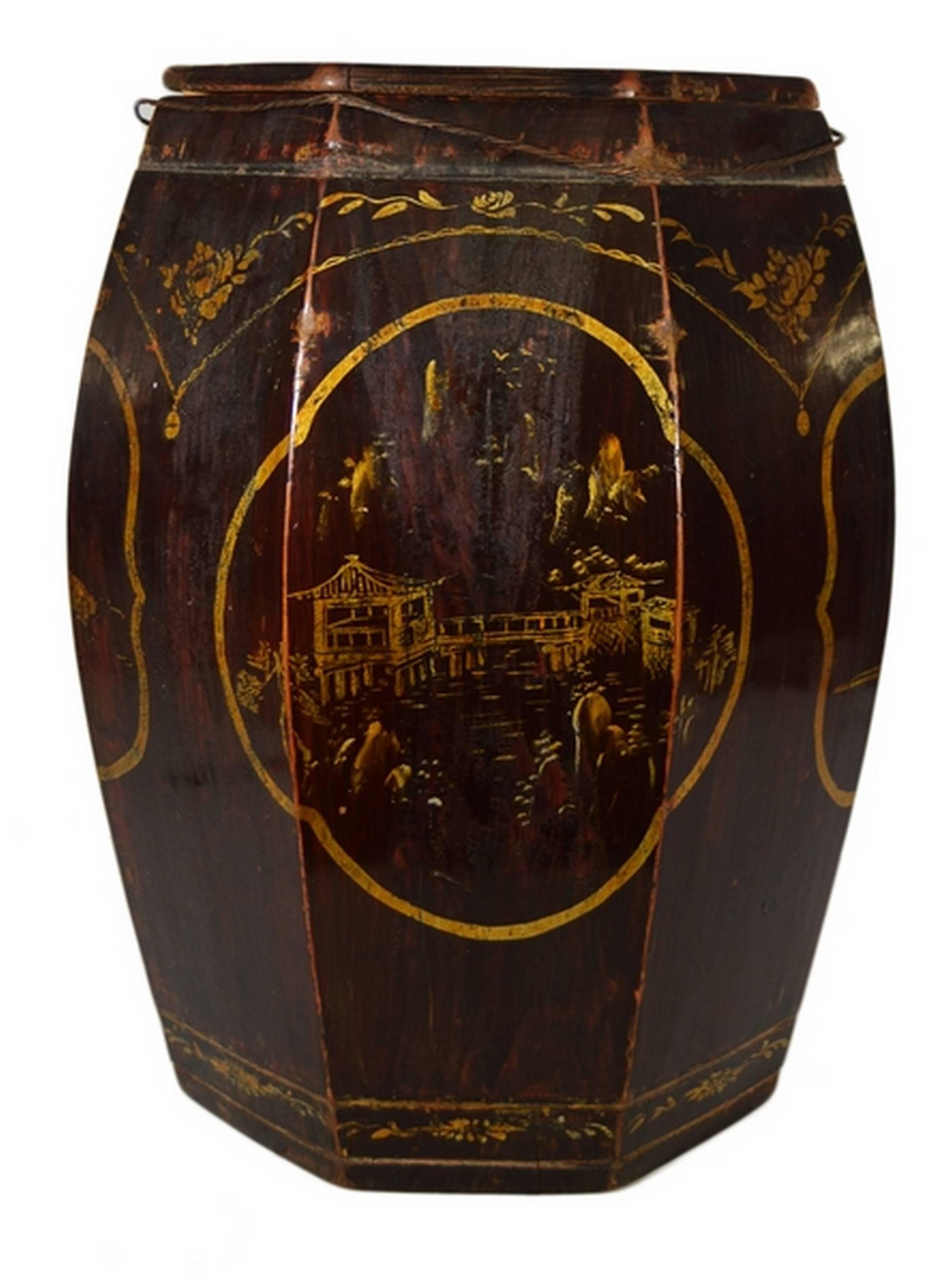 Wood Hand-Painted Grain Storage Barrel with Medallions from, China, 19th Century