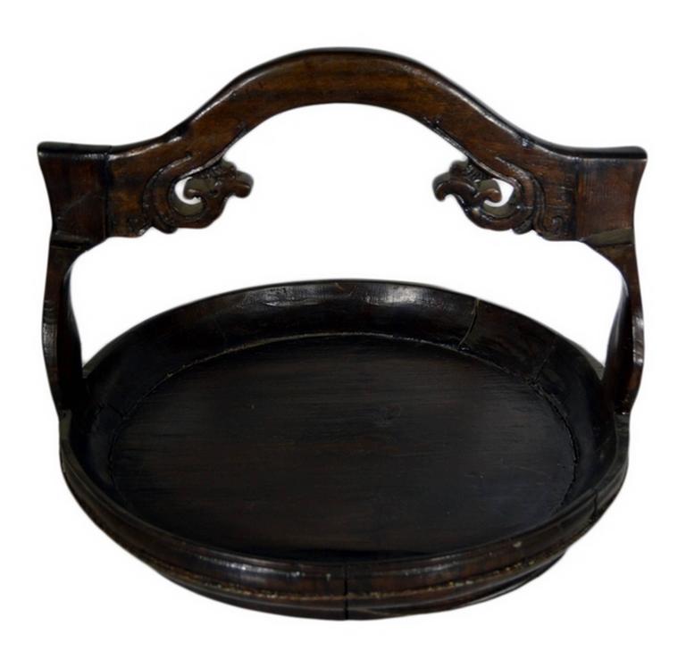 Antique HandCarved Dark Chinese Wooden Offering Basket from the, 19th