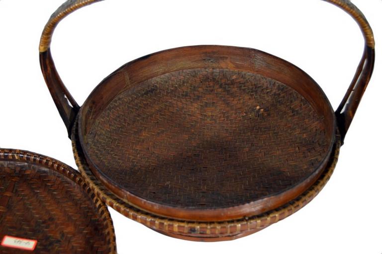 Antique Handwoven Brown Bamboo and Rattan Basket from 19th Century