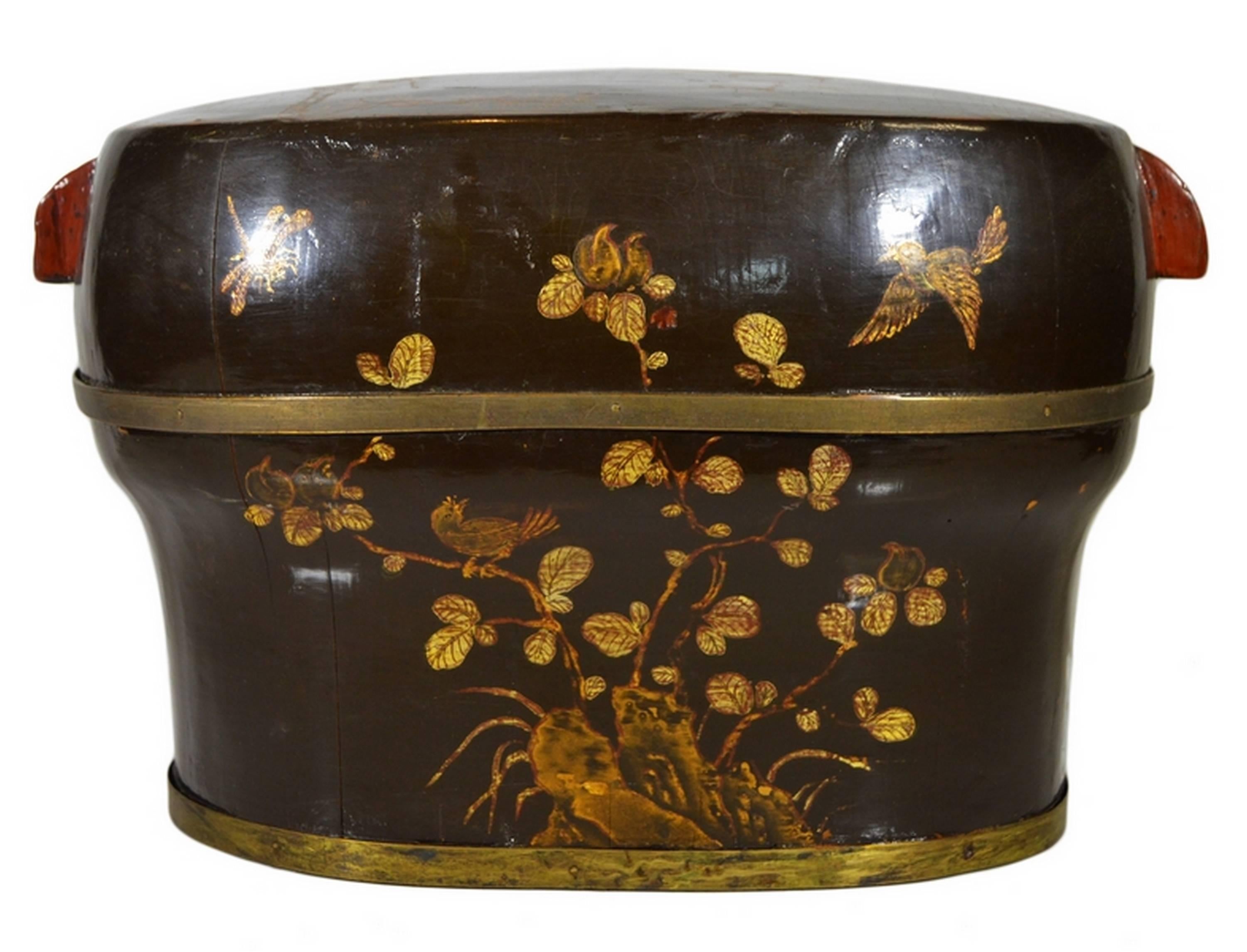 Chinese Hand-Painted and Lacquered Wedding Box with Flowers from, China, 19th Century