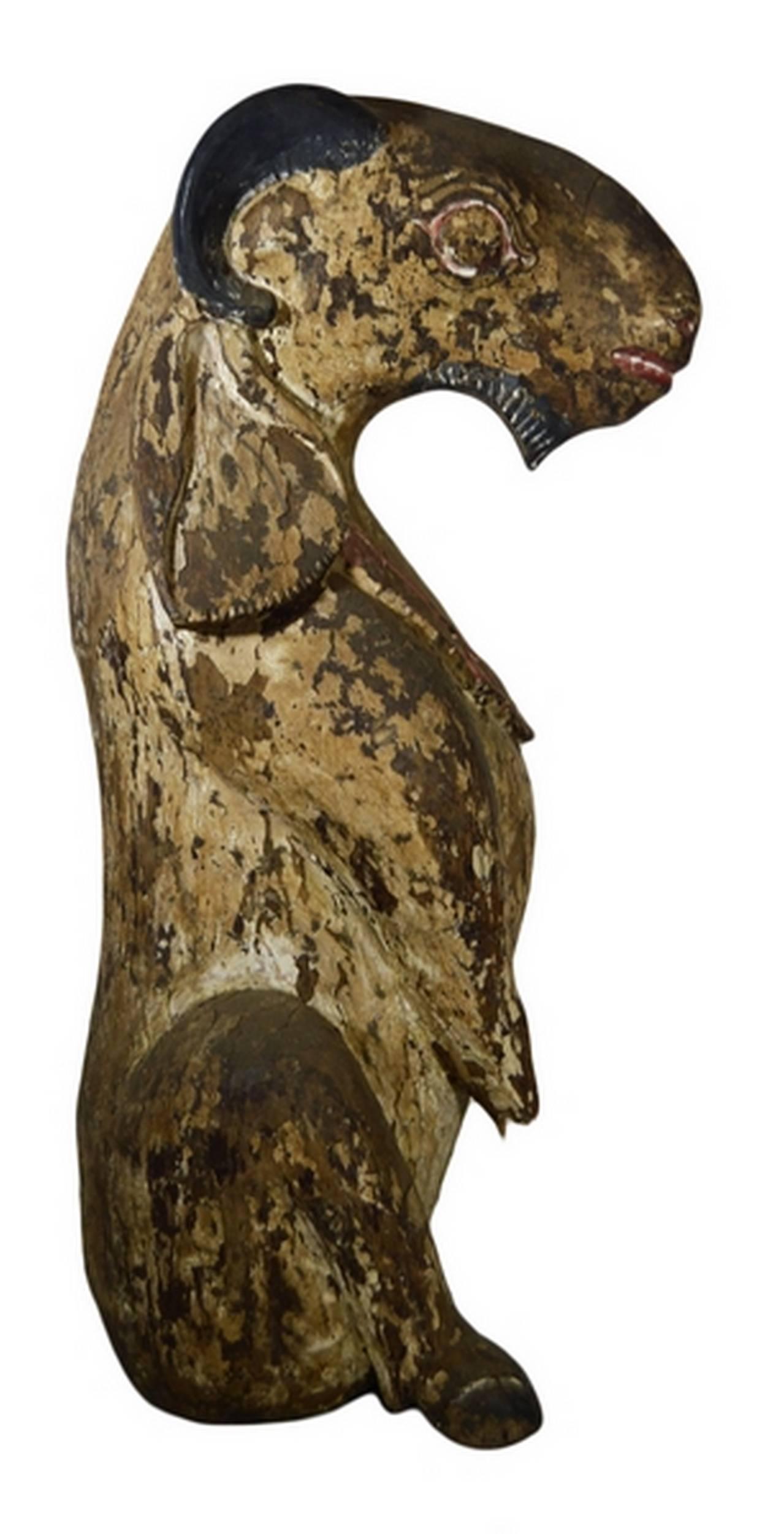 Antique Burmese Hand-Carved Wood Seated Goat Sculpture from the 19th Century In Good Condition For Sale In Yonkers, NY