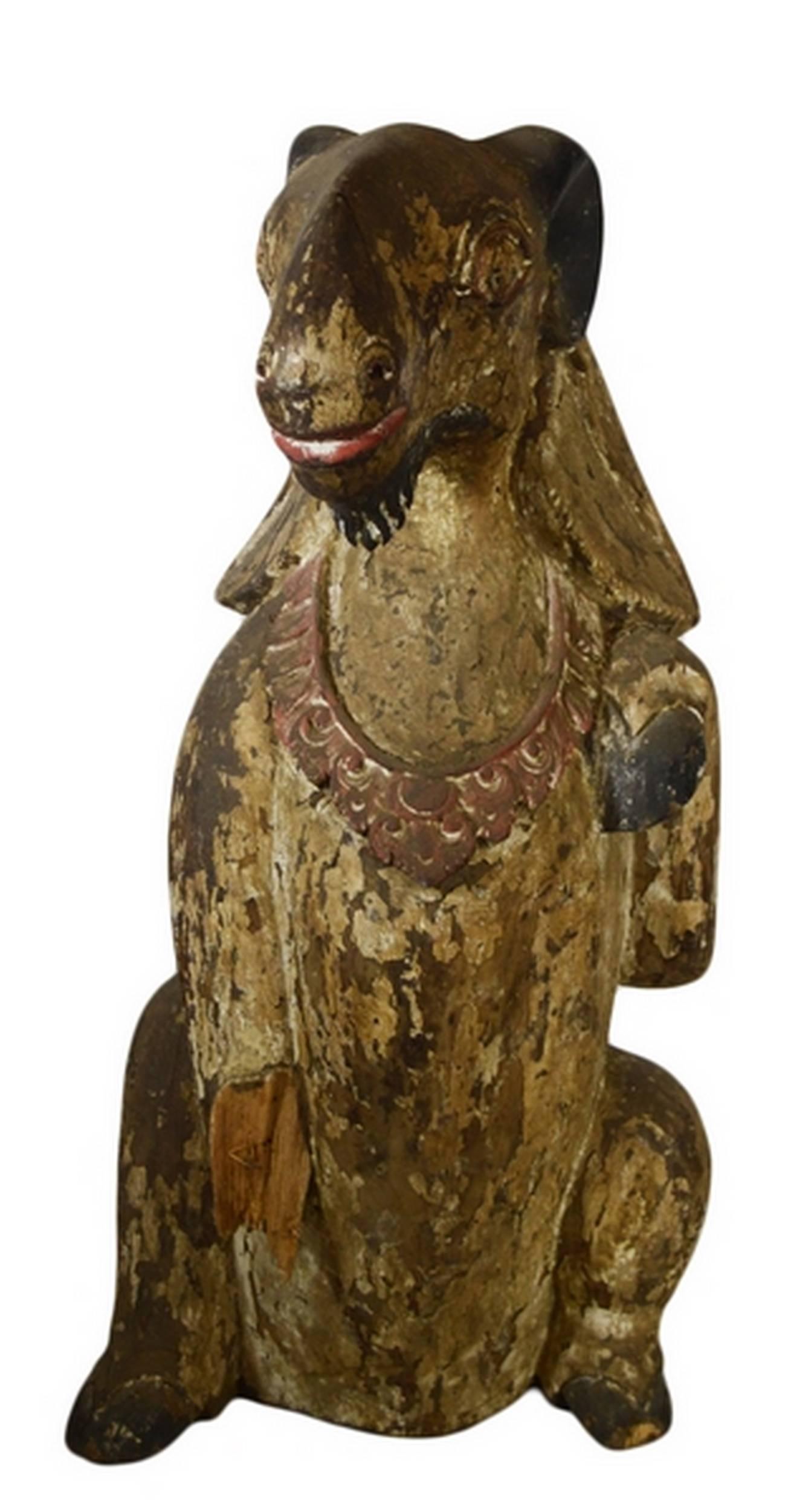 Antique Burmese Hand-Carved Wood Seated Goat Sculpture from the 19th Century For Sale 2