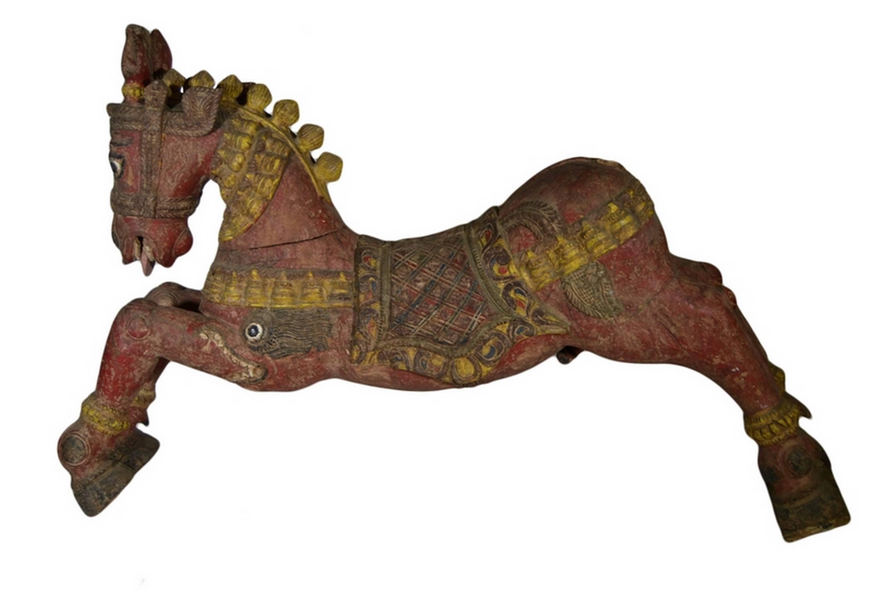 Wood Antique Indian Hand-Carved and Painted Temple Horse from the Late 19th Century