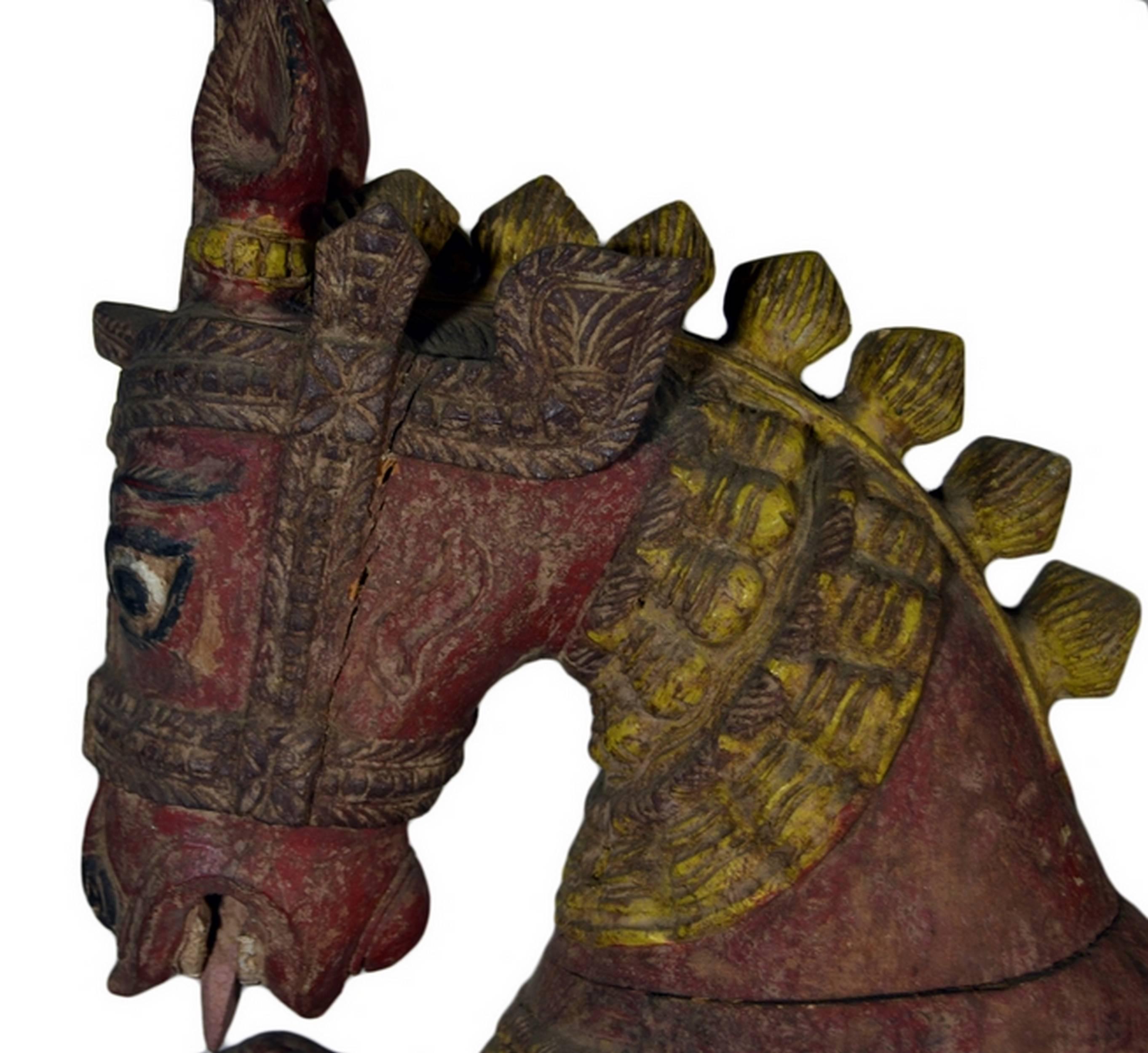 Antique Indian Hand-Carved and Painted Temple Horse from the Late 19th Century In Good Condition In Yonkers, NY