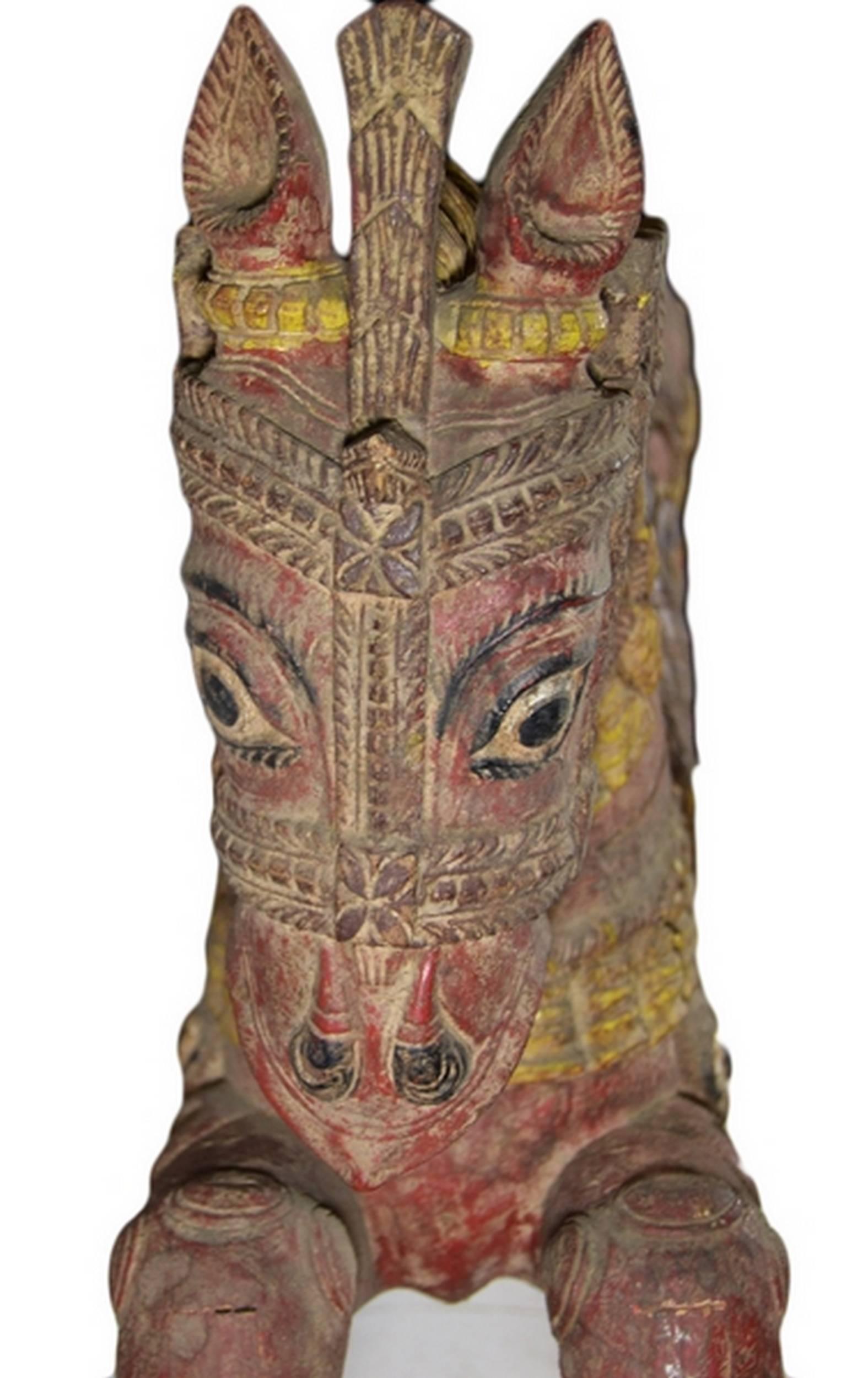 Antique Indian Hand-Carved and Painted Temple Horse from the Late 19th Century 2