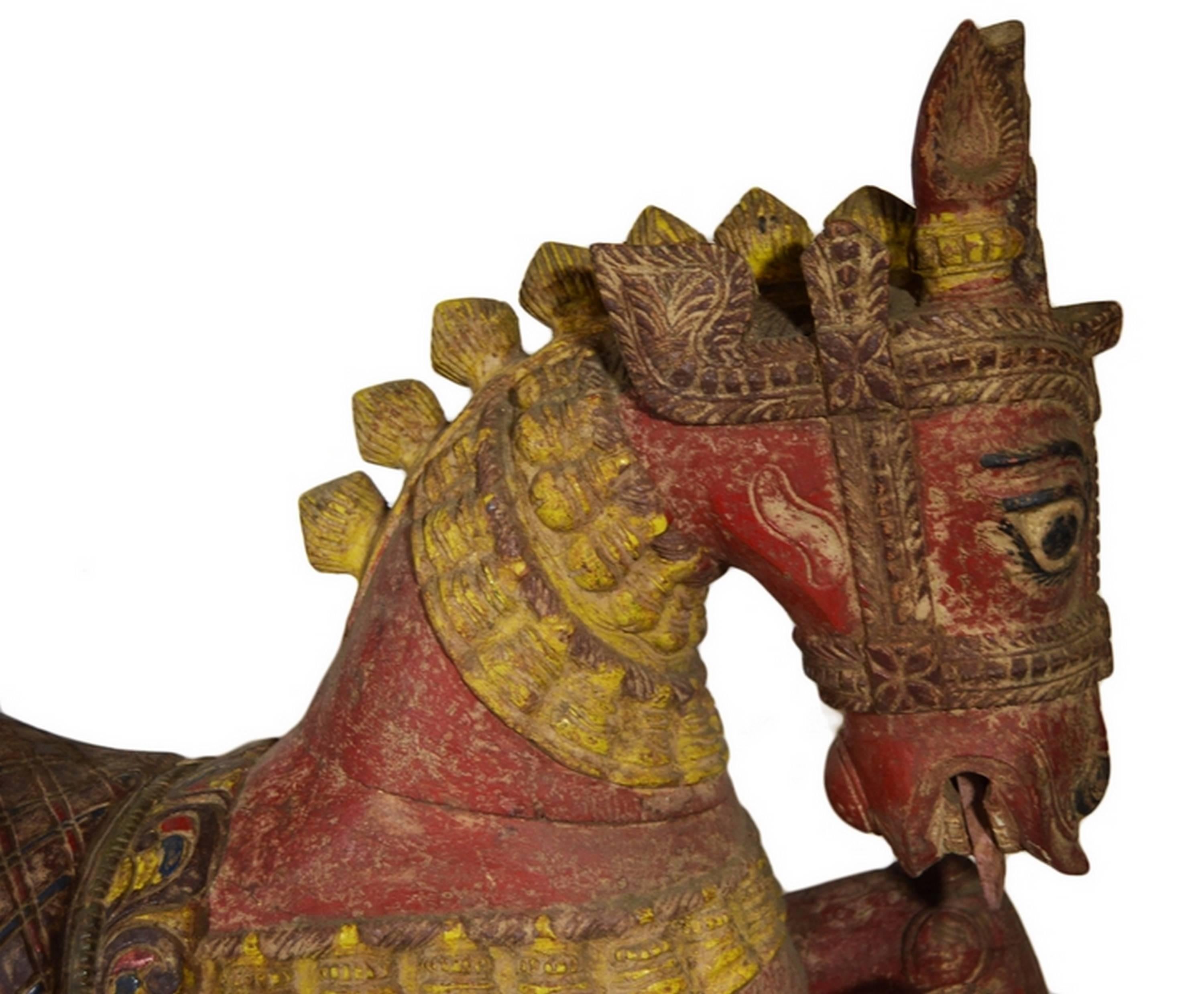 Antique Indian Hand-Carved and Painted Temple Horse from the Late 19th Century 3
