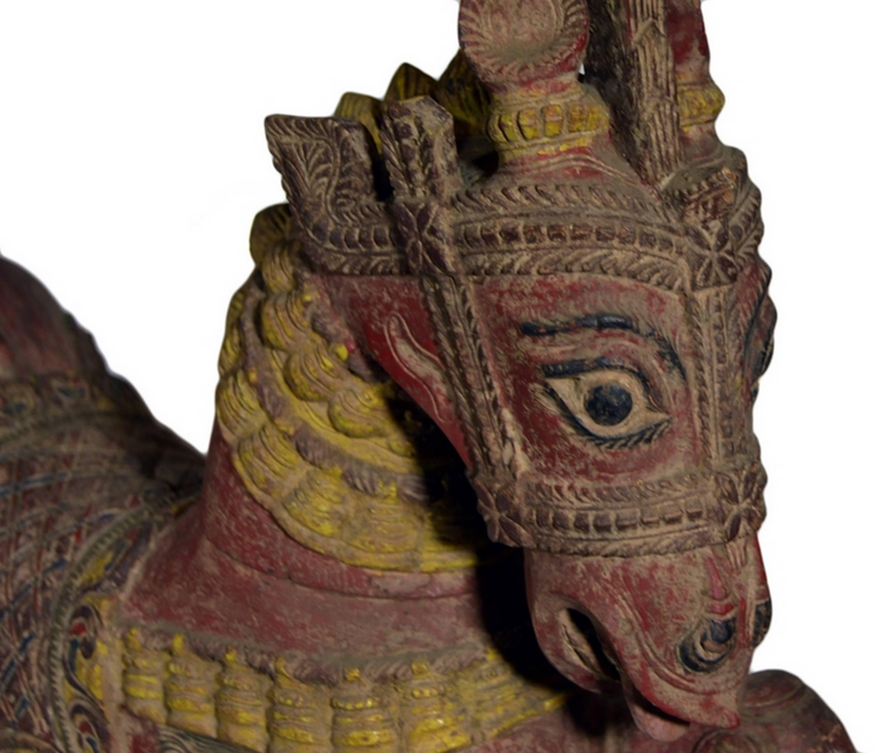 Antique Indian Hand-Carved and Painted Temple Horse from the Late 19th Century 4