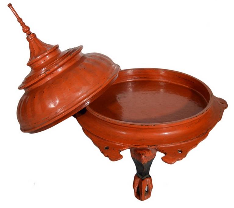 Antique Burmese Red Carved Wood Offering Basket from the 19th Century