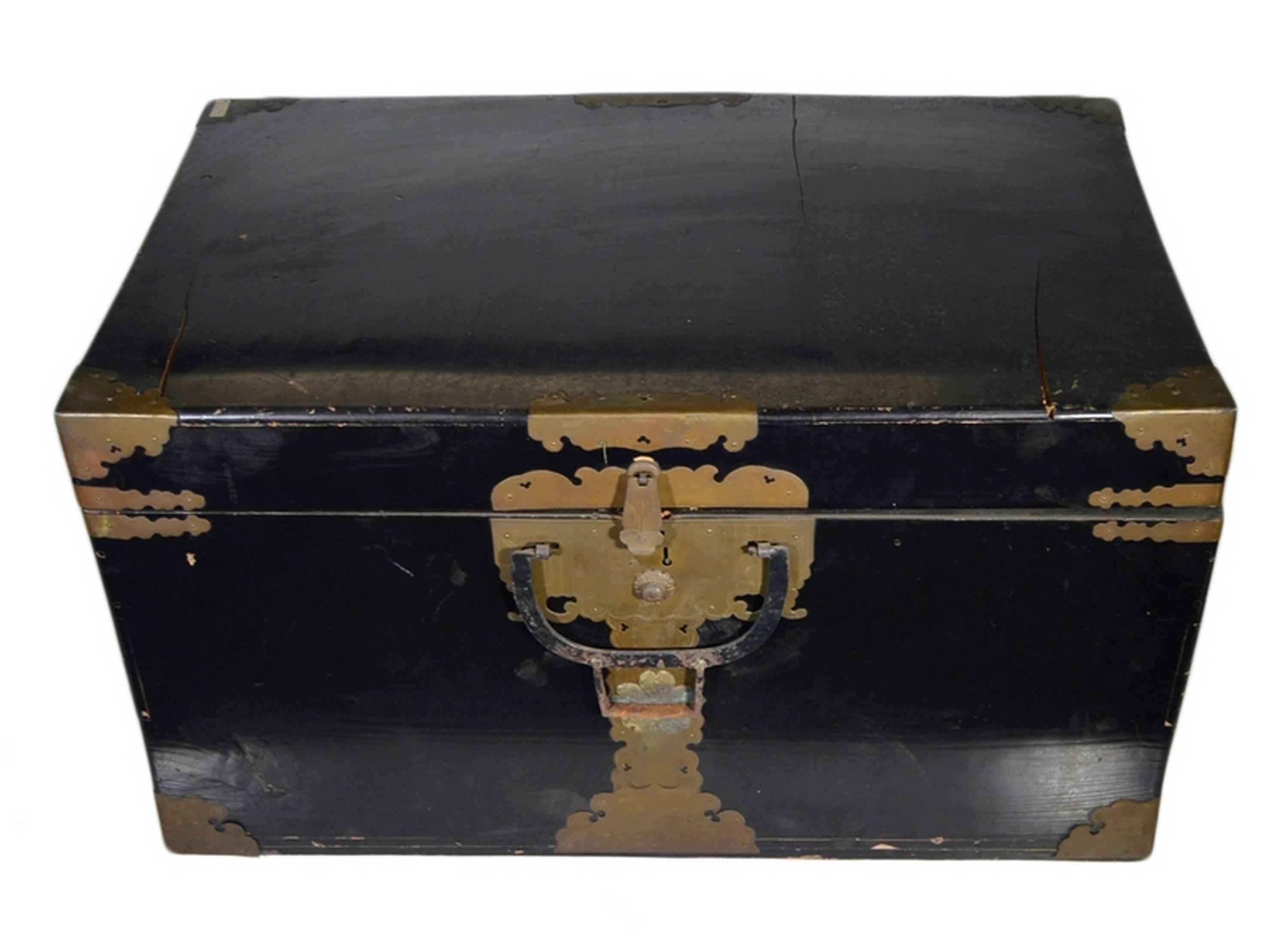 Japanese Antique Dark Lacquered Wood Chest with Brass Hardware, Japan, 19th Century