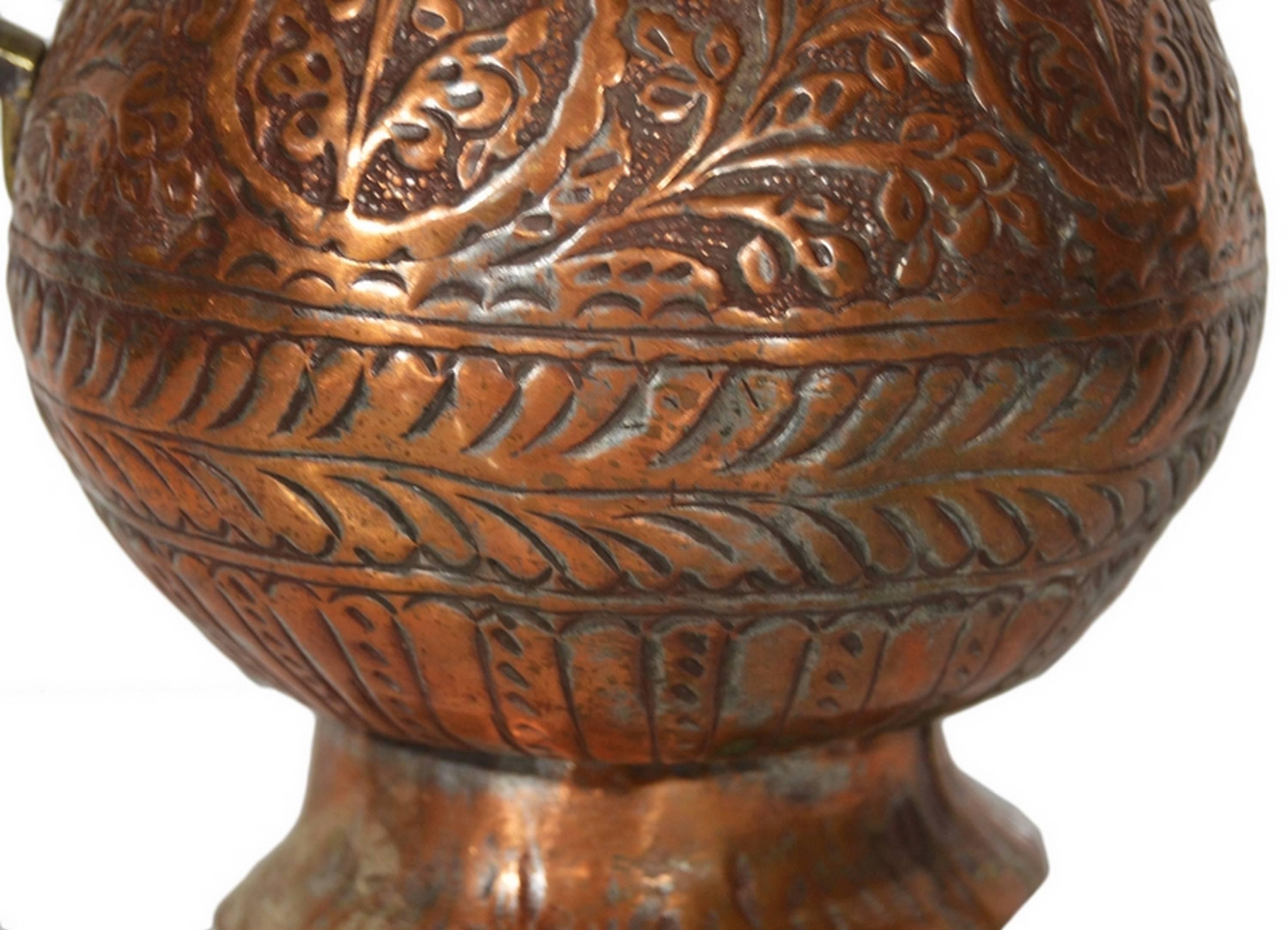Hand-Crafted Antique Indian Detailed Hand-Hammered Globular Copper Pitcher, 19th Century