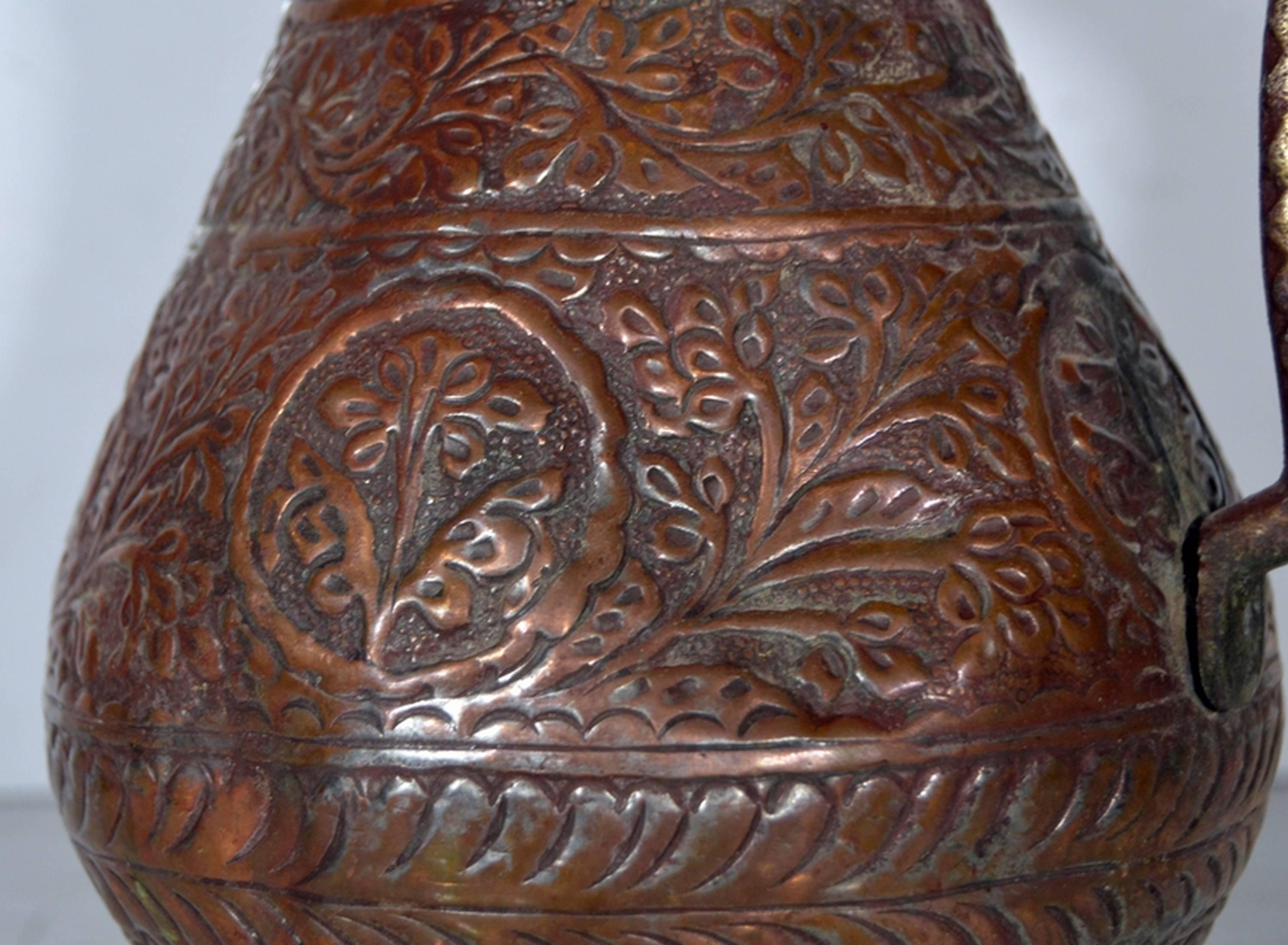 Antique Indian Detailed Hand-Hammered Globular Copper Pitcher, 19th Century 3