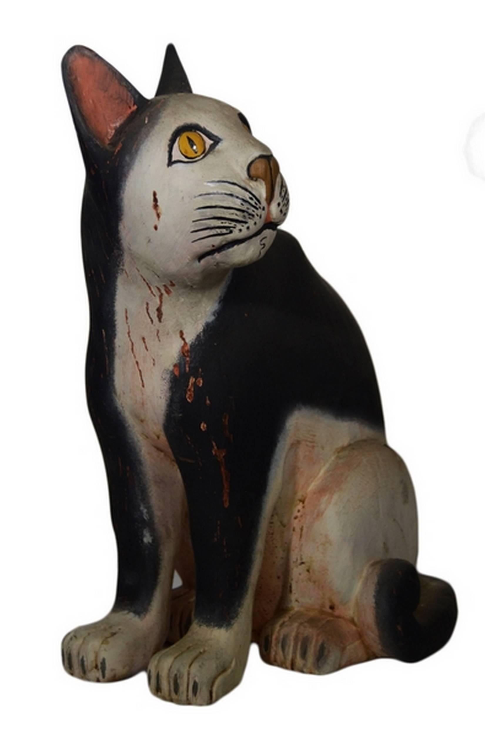 Indonesian Hand-Carved Wooden Cat Sculpture