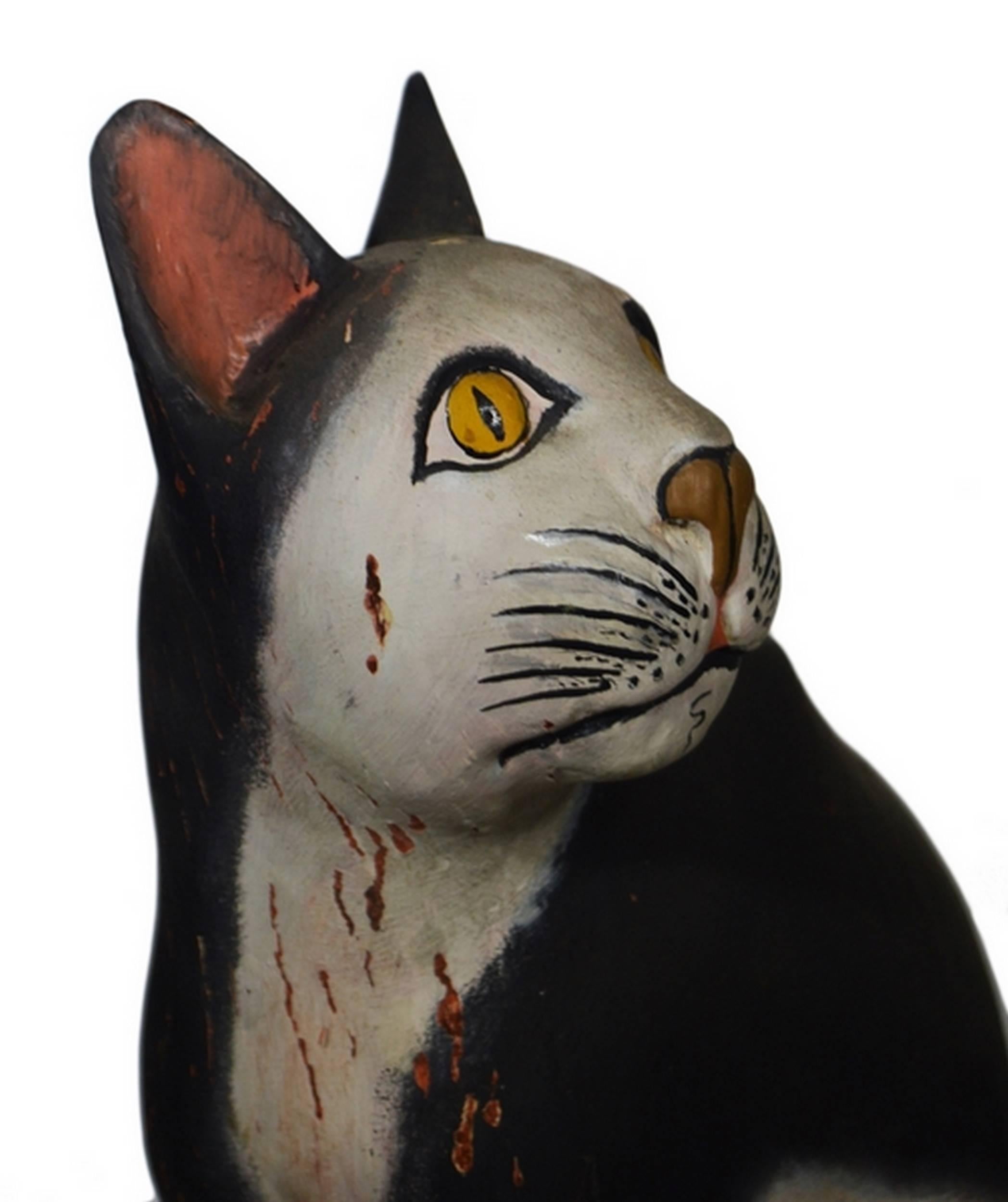 Hand-Carved Wooden Cat Sculpture In Good Condition In Yonkers, NY