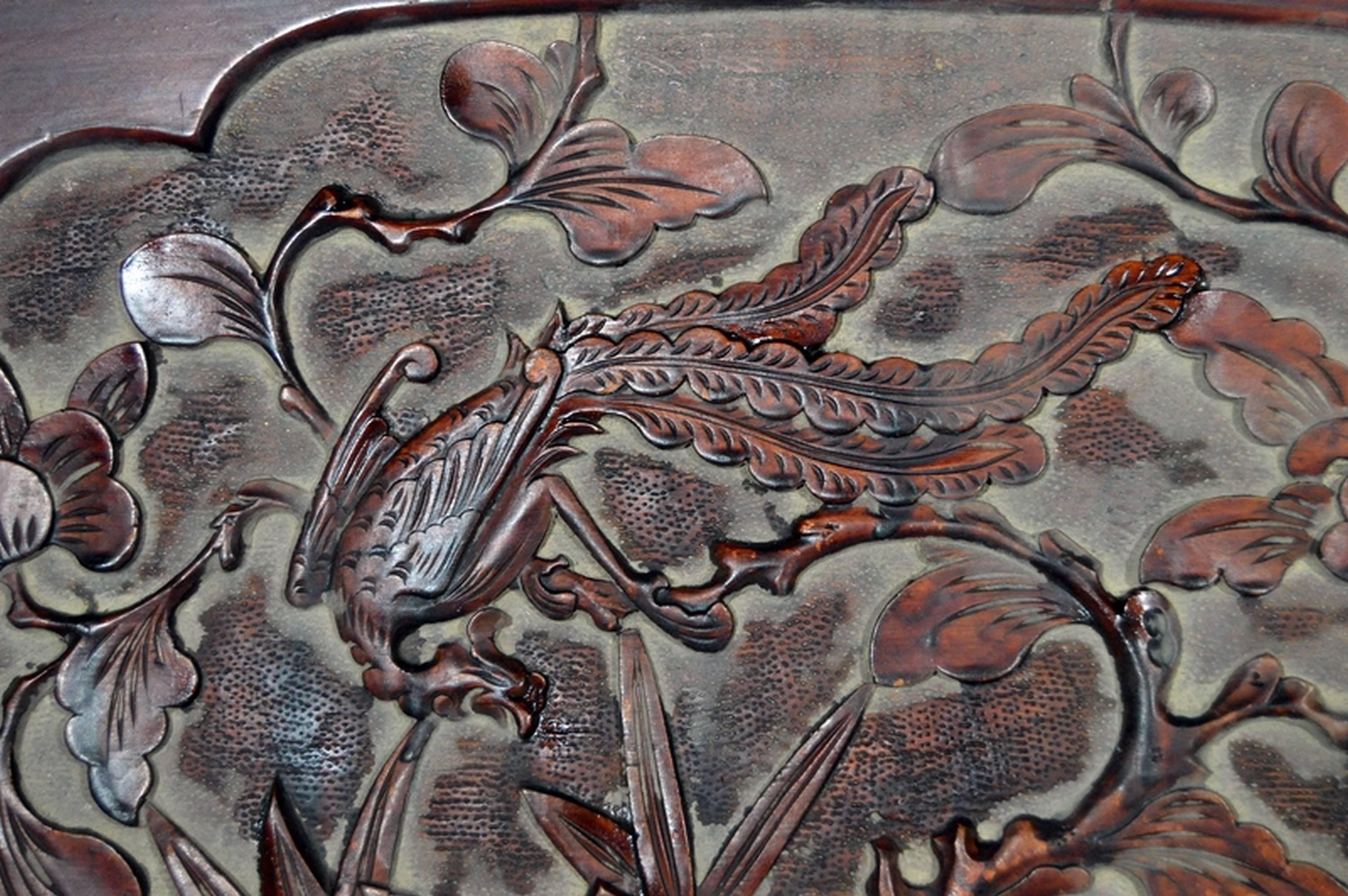 19th Century Antique Chinese Hand-Carved Rosewood Lacquered Wooden Wall Plaque For Sale