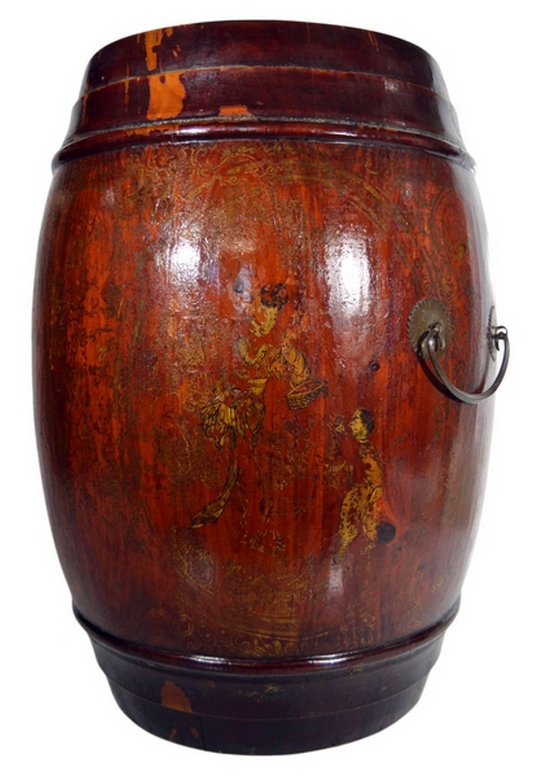 Chinese Antique Varnished Painted Wood Grain Barrel Basket from 19th Century China