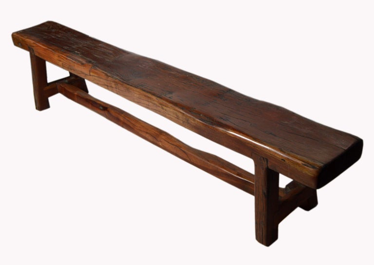 Vintage Handmade Javanese Brown Wood Narrow Bench With Splayed Legs A Vintage Javanese Handmade Long Rustic Wooden Bench With Brown Finish Born In The Indonesian