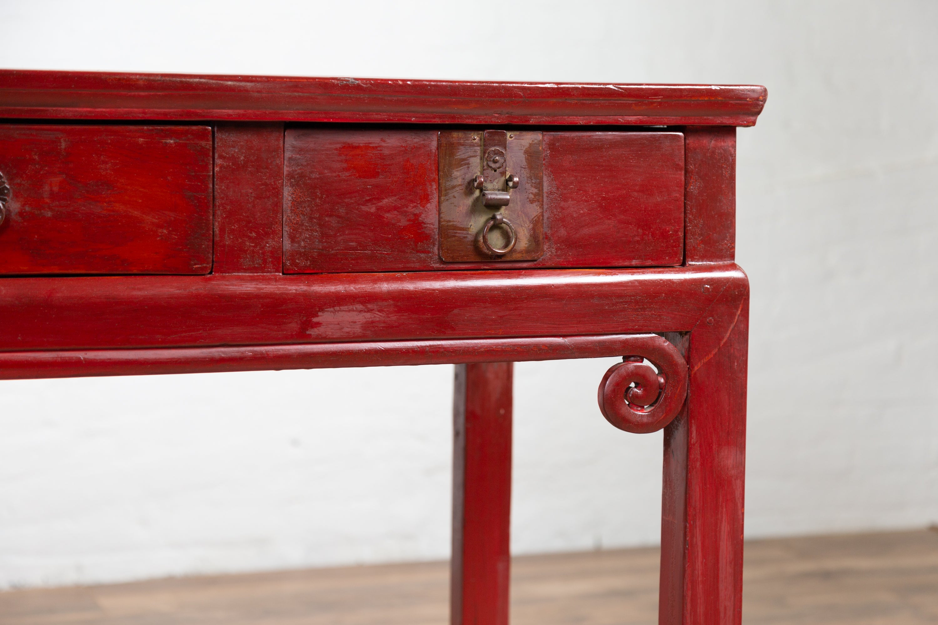 Chinese Antique Red Lacquered Wooden Desk With Four Drawers And