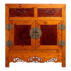 Early 20th Century Chinese Cabinet Made of Elm and Burl Wood with Carved Skirt