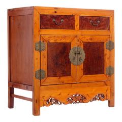 Early 20th Century Chinese Cabinet Made of Elm and Burl Wood with Carved Skirt