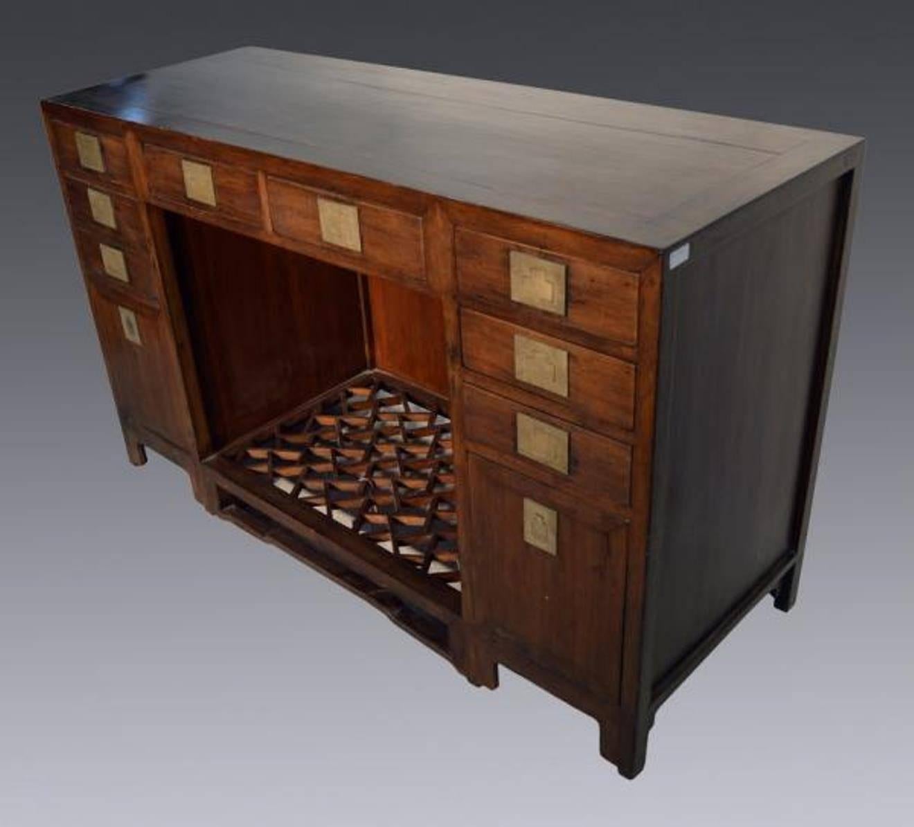Chinese Antique Fretwork Desk with Bronze Hardware and Drawers from China, 19th Century