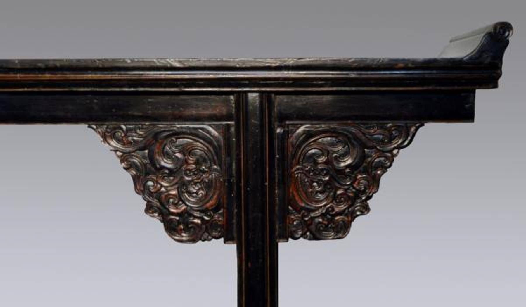 Lacquered Antique Black Lacquer Console Table with Carved Details from China, circa 1800s