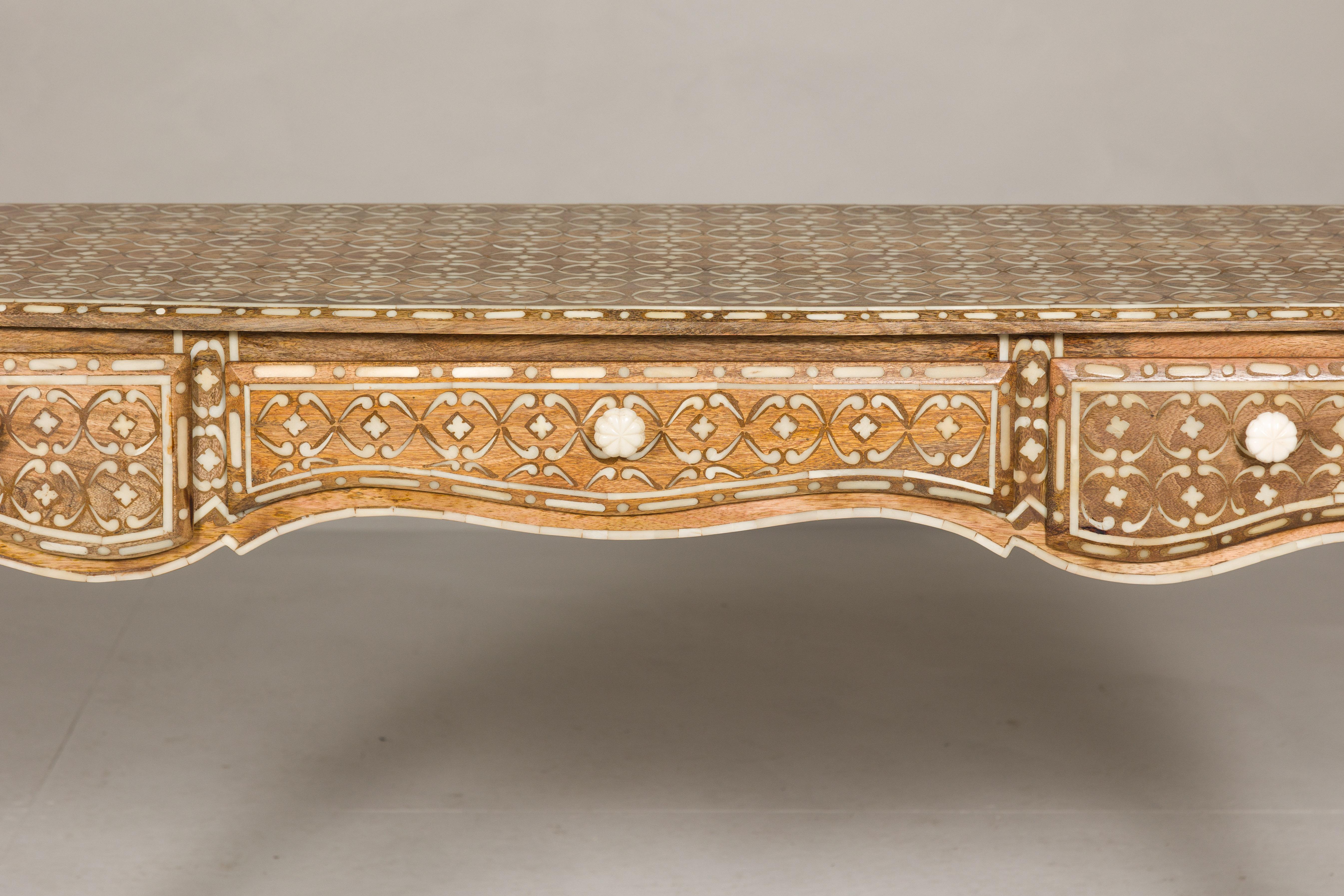 Inlay Anglo-Indian Louis XV Style Console Table with Three Drawers and Cabriole Legs For Sale