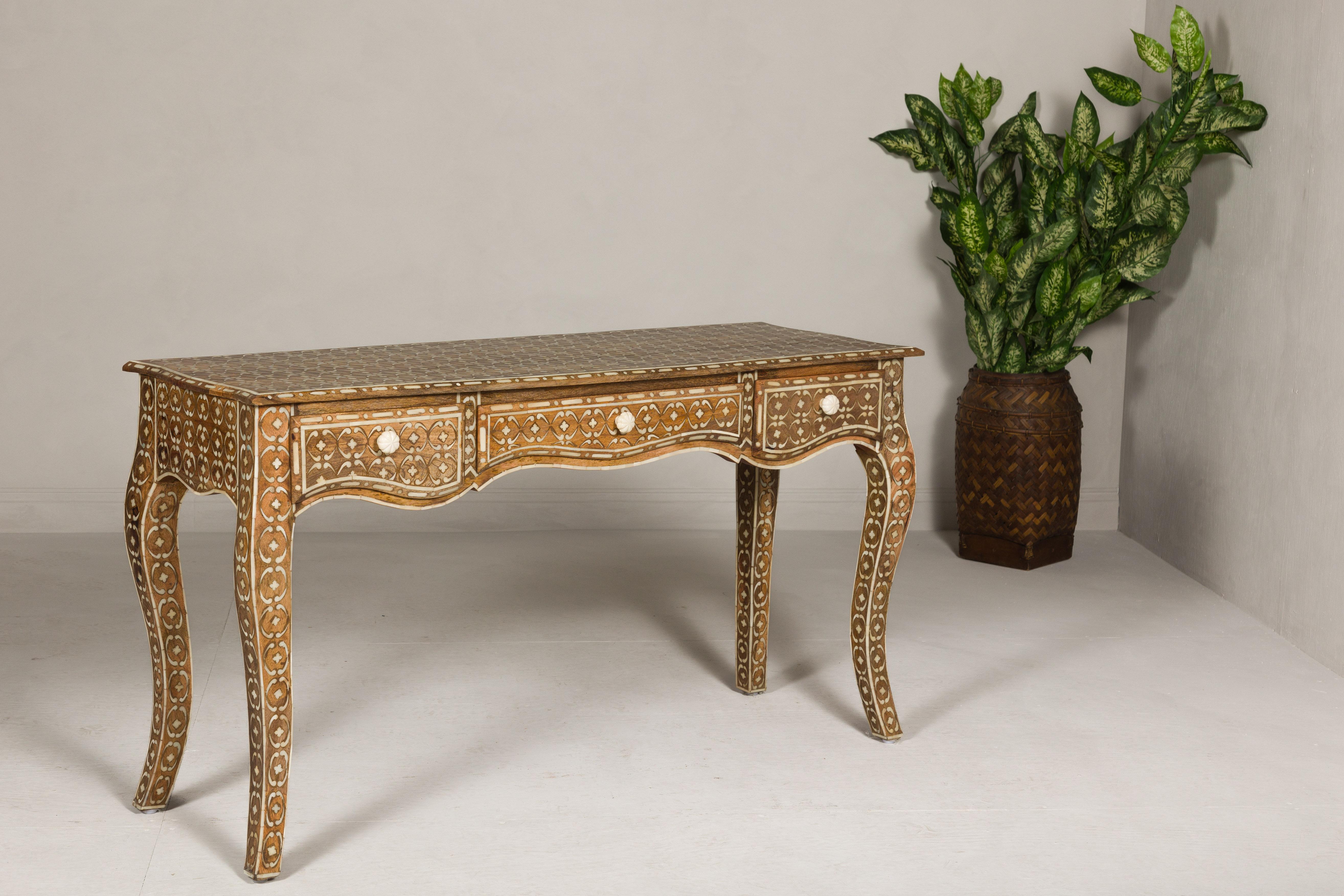 Anglo-Indian Louis XV Style Console Table with Three Drawers and Cabriole Legs For Sale 3